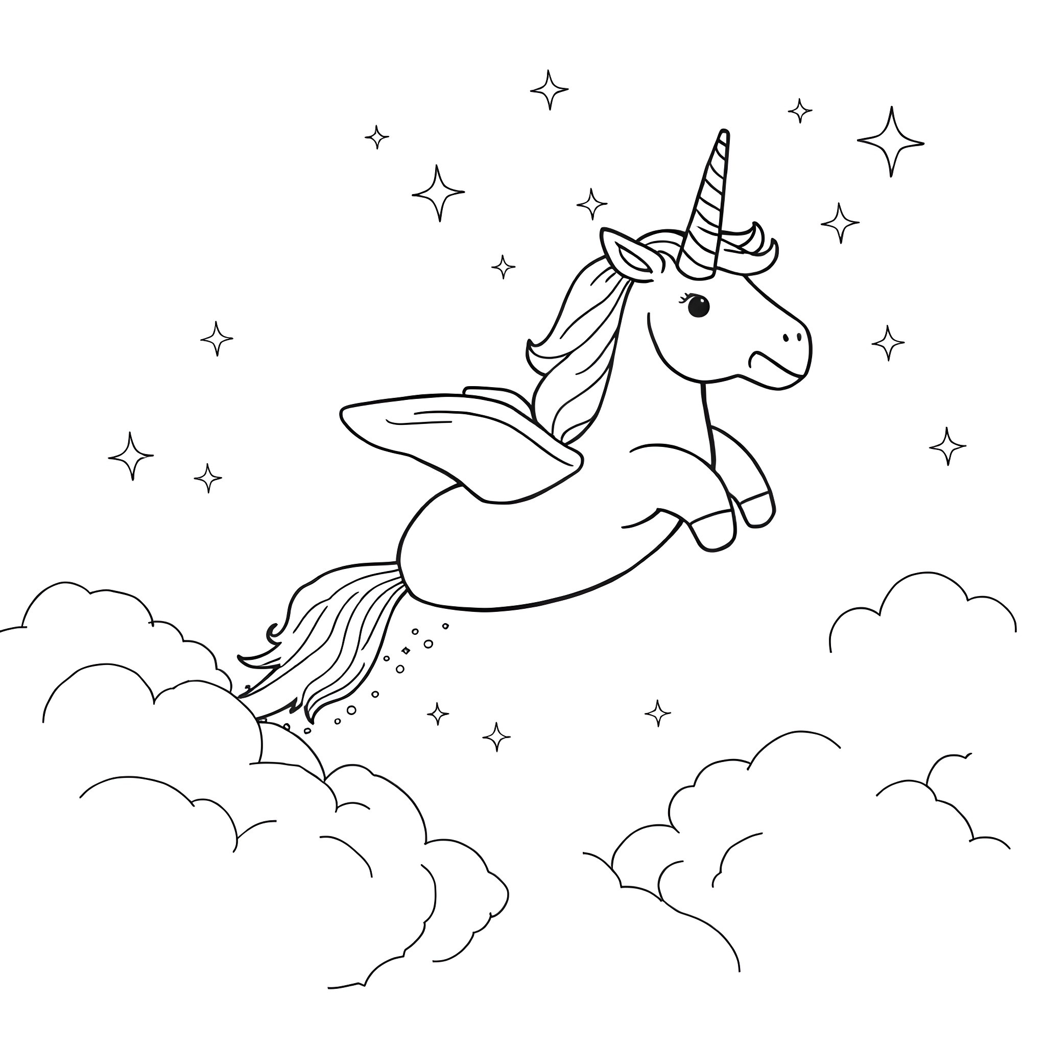 Unicorn soaring among the stars and clouds Coloring Page (free black-and-white line drawing printable PDF for all, from beginners to advanced learners, including children, teens, adults, and seniors)