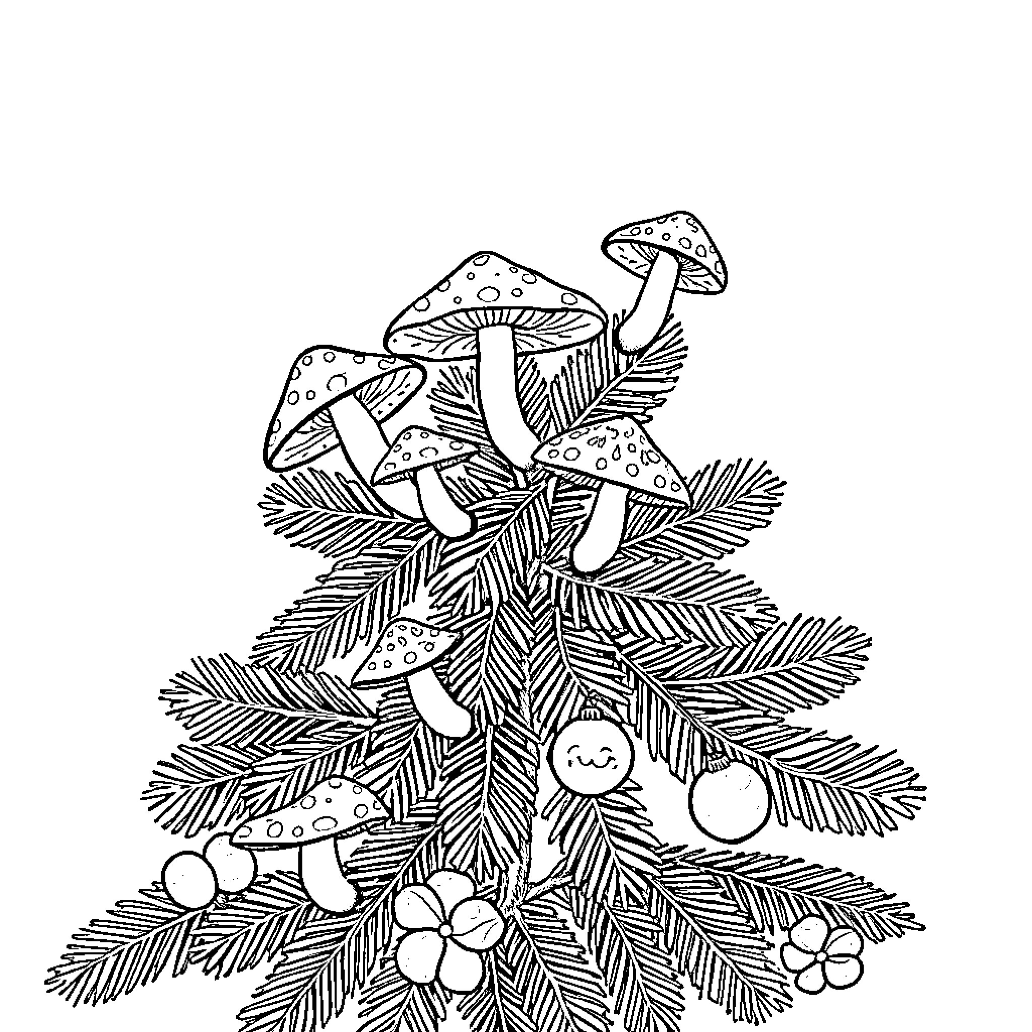 Mushroom Growing Amidst Pine Branches Coloring Page (free black-and-white line drawing printable PDF for all, from beginners to advanced learners, including children, teens, adults, and seniors)
