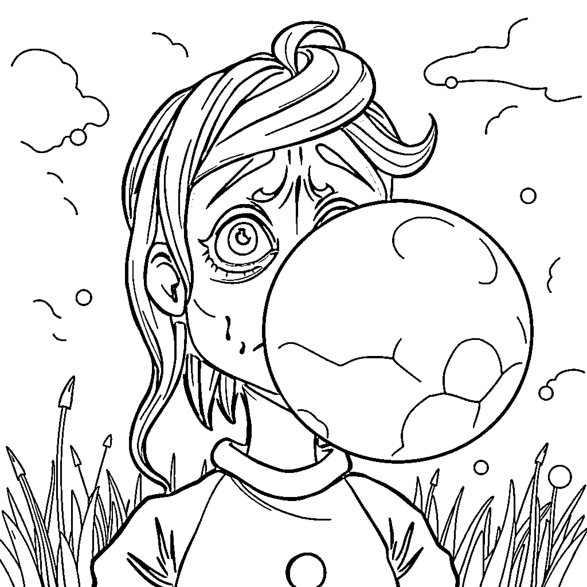 Clown blowing a bubble in a whimsical setting Coloring Page (free black-and-white line drawing printable PDF for all, from beginners to advanced learners, including children, teens, adults, and seniors)