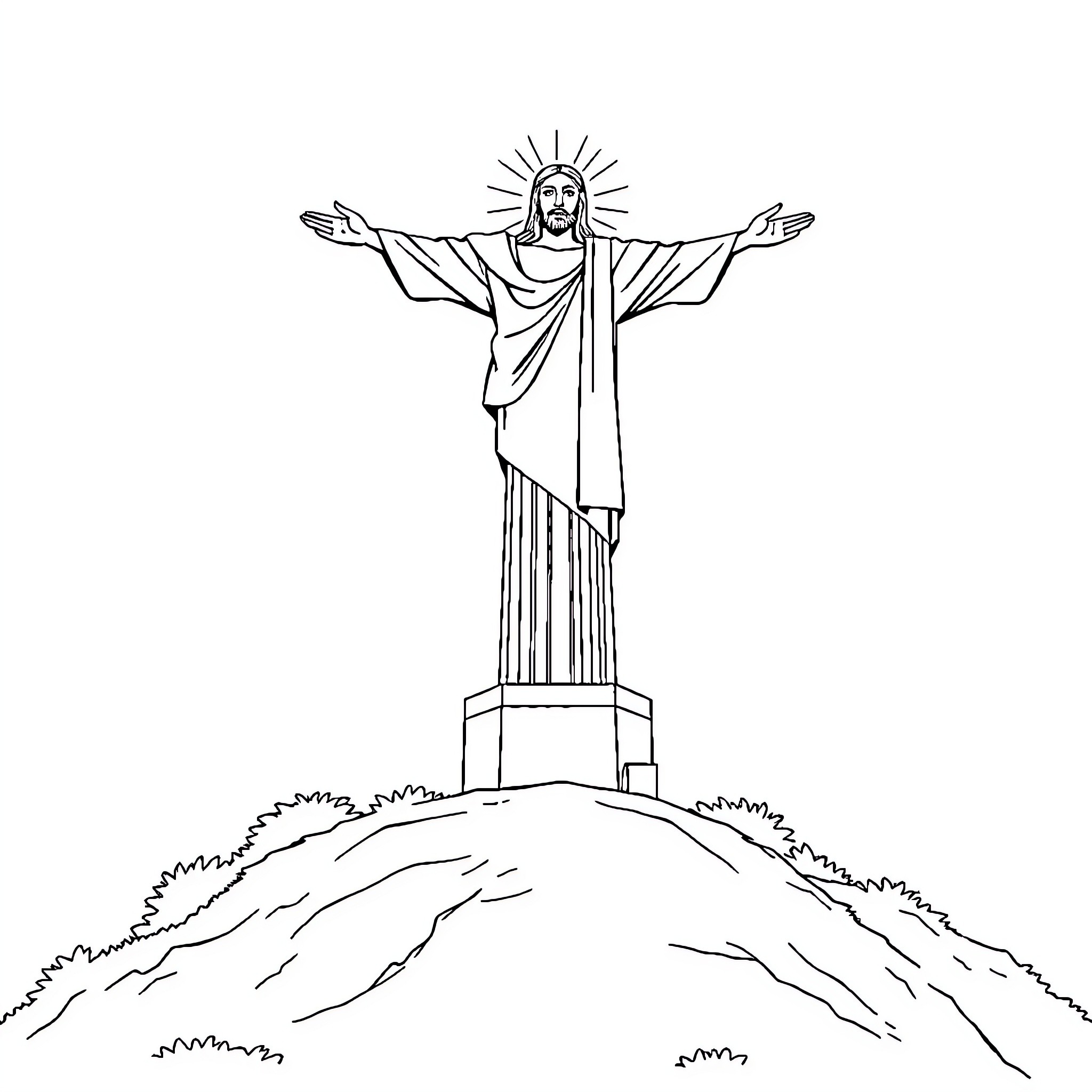 Cristo Rey on a hilltop with open arms Coloring Page (free black-and-white line drawing printable PDF for all, from beginners to advanced learners, including children, teens, adults, and seniors)