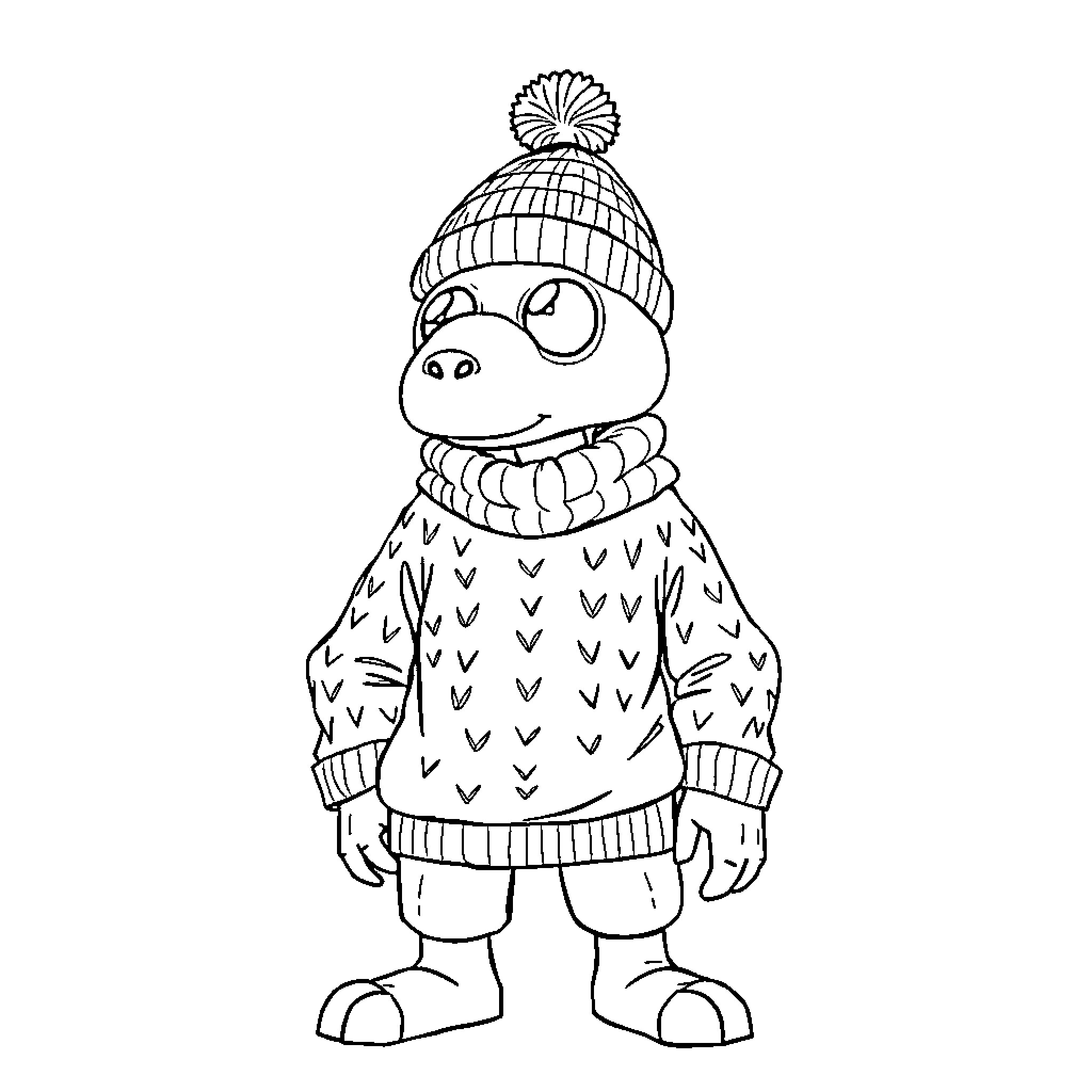 Sentinel Creature in Winter Attire Coloring Page (free black-and-white line drawing printable PDF for all, from beginners to advanced learners, including children, teens, adults, and seniors)