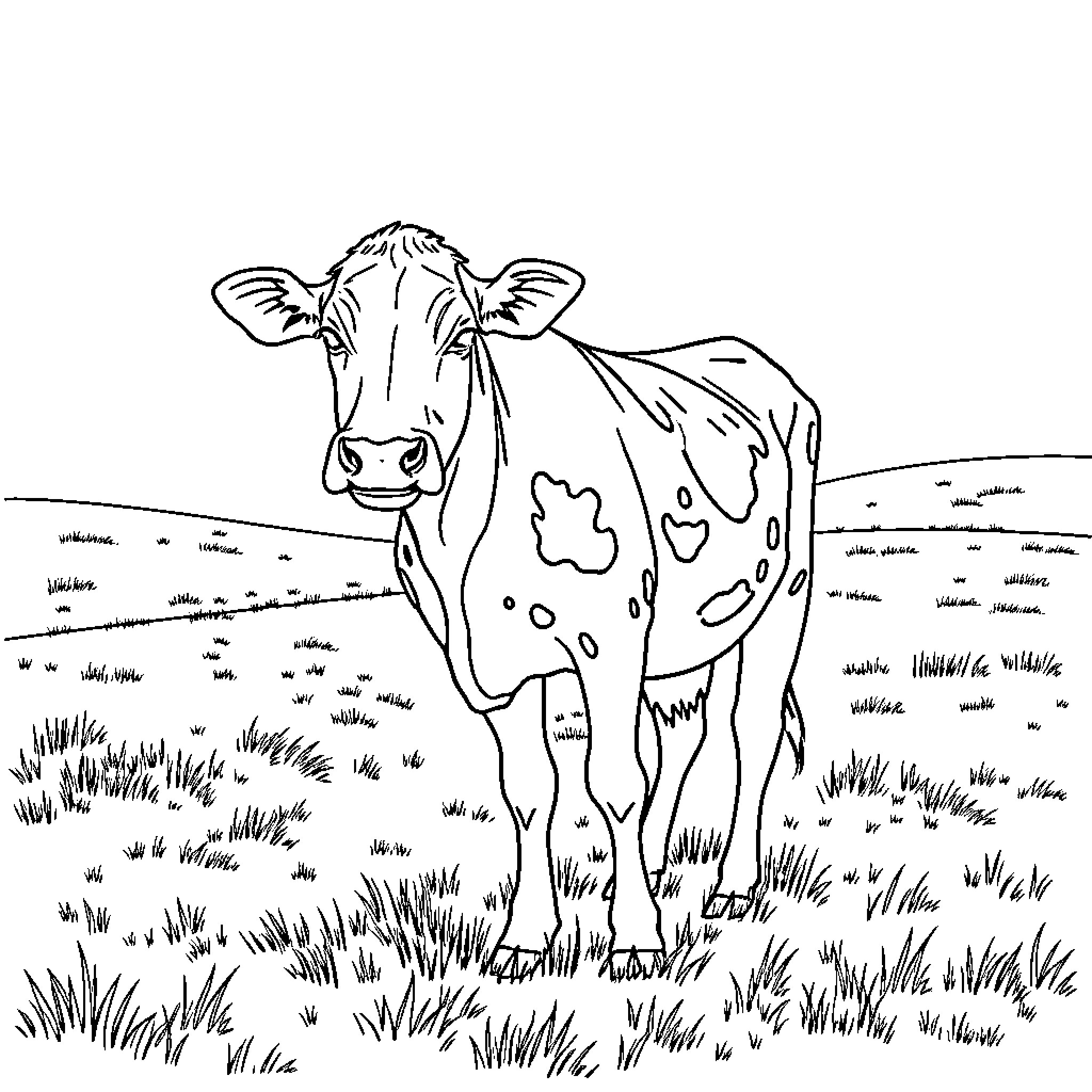 Cow standing in a grassy field Coloring Page (free black-and-white line drawing printable PDF for all, from beginners to advanced learners, including children, teens, adults, and seniors)