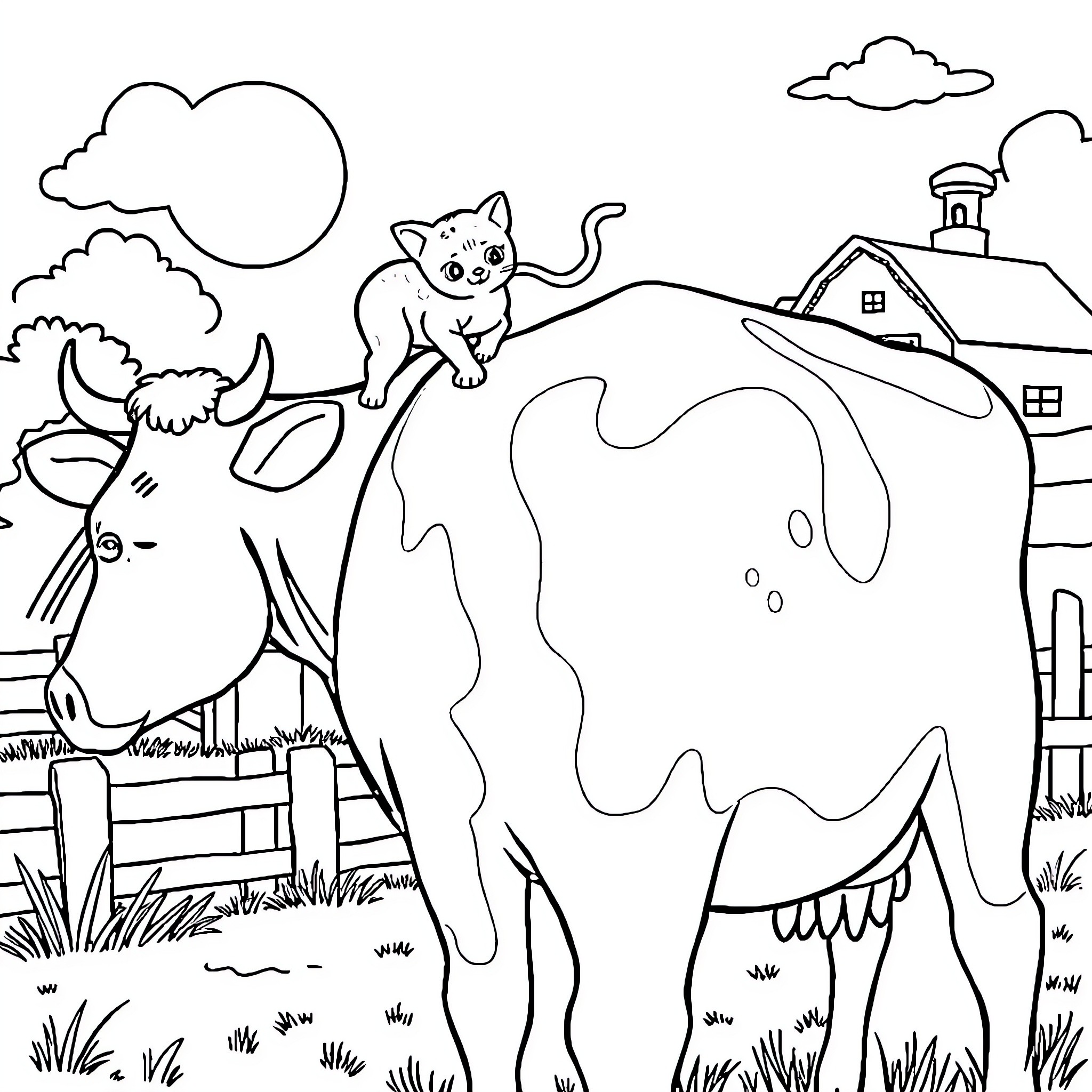 Cat explores farm with cow Coloring Page (free black-and-white line drawing printable PDF for all, from beginners to advanced learners, including children, teens, adults, and seniors)