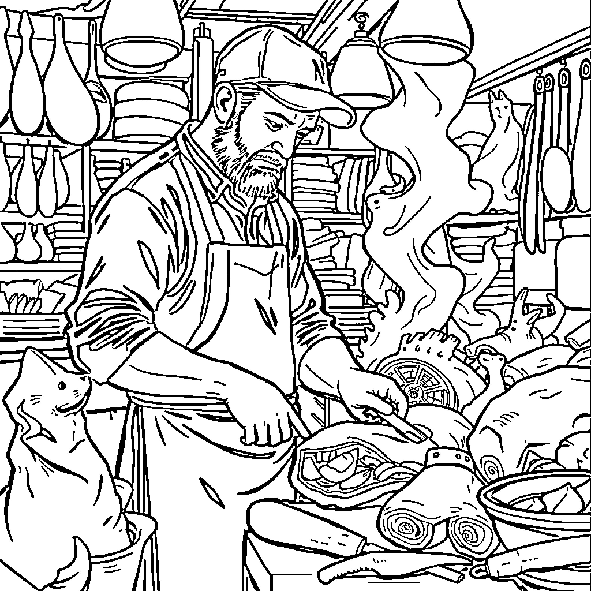 Butcher working diligently in his meat shop Coloring Page (free black-and-white line drawing printable PDF for all, from beginners to advanced learners, including children, teens, adults, and seniors)