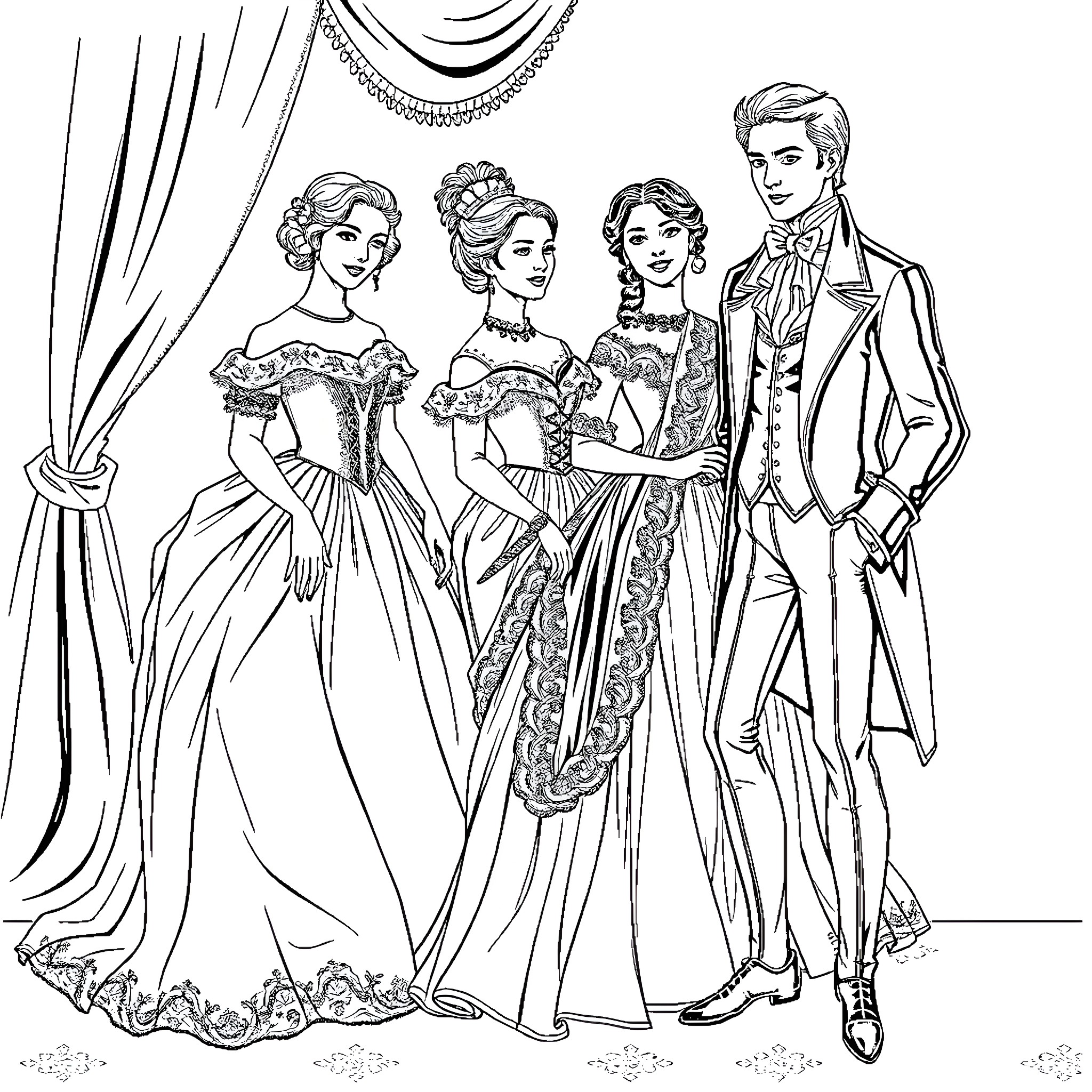 18th Century Fashion: Elegant Formal Attire and Poses Coloring Page (free black-and-white line drawing printable PDF for all, from beginners to advanced learners, including children, teens, adults, and seniors)
