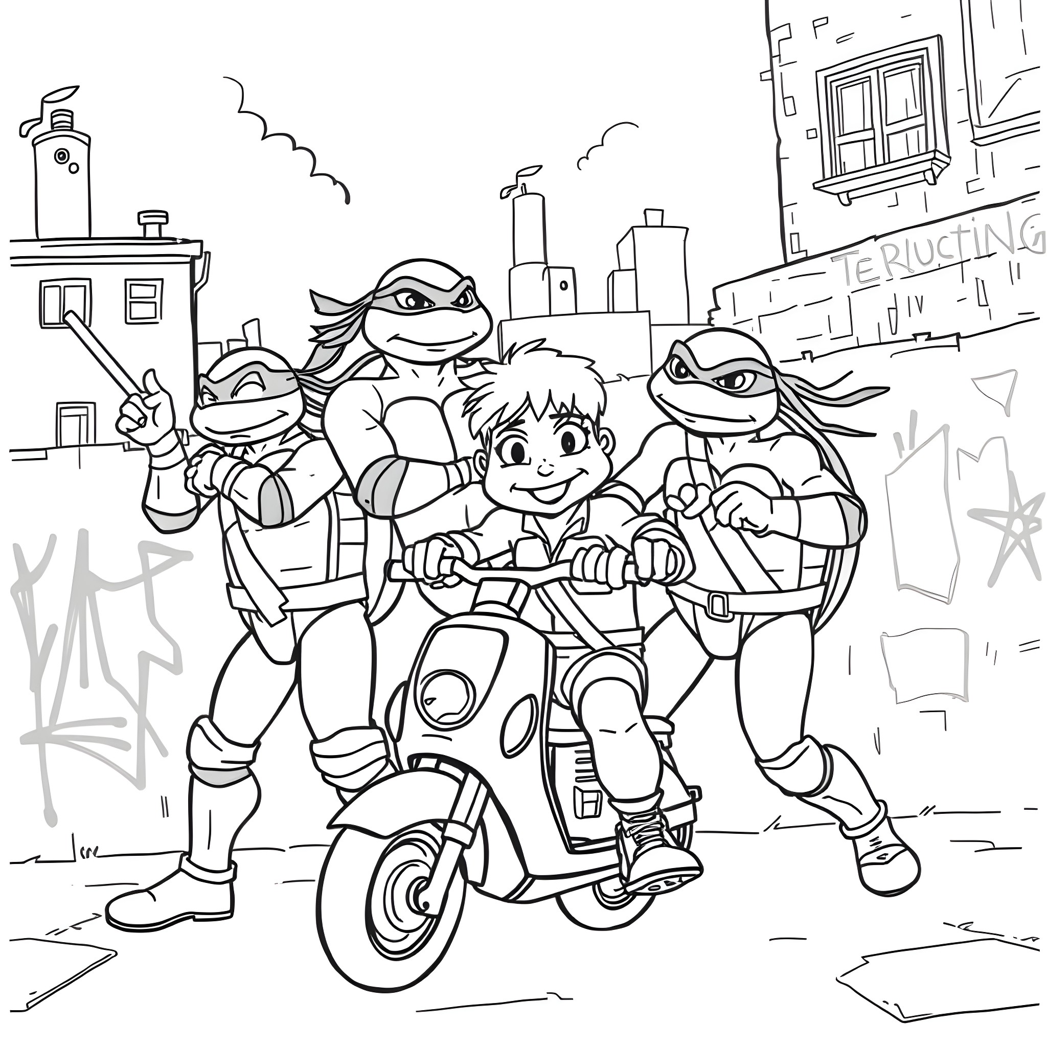 Ninja Turtle Adventurers on a Scooter in the City Coloring Page (free black-and-white line drawing printable PDF for all, from beginners to advanced learners, including children, teens, adults, and seniors)