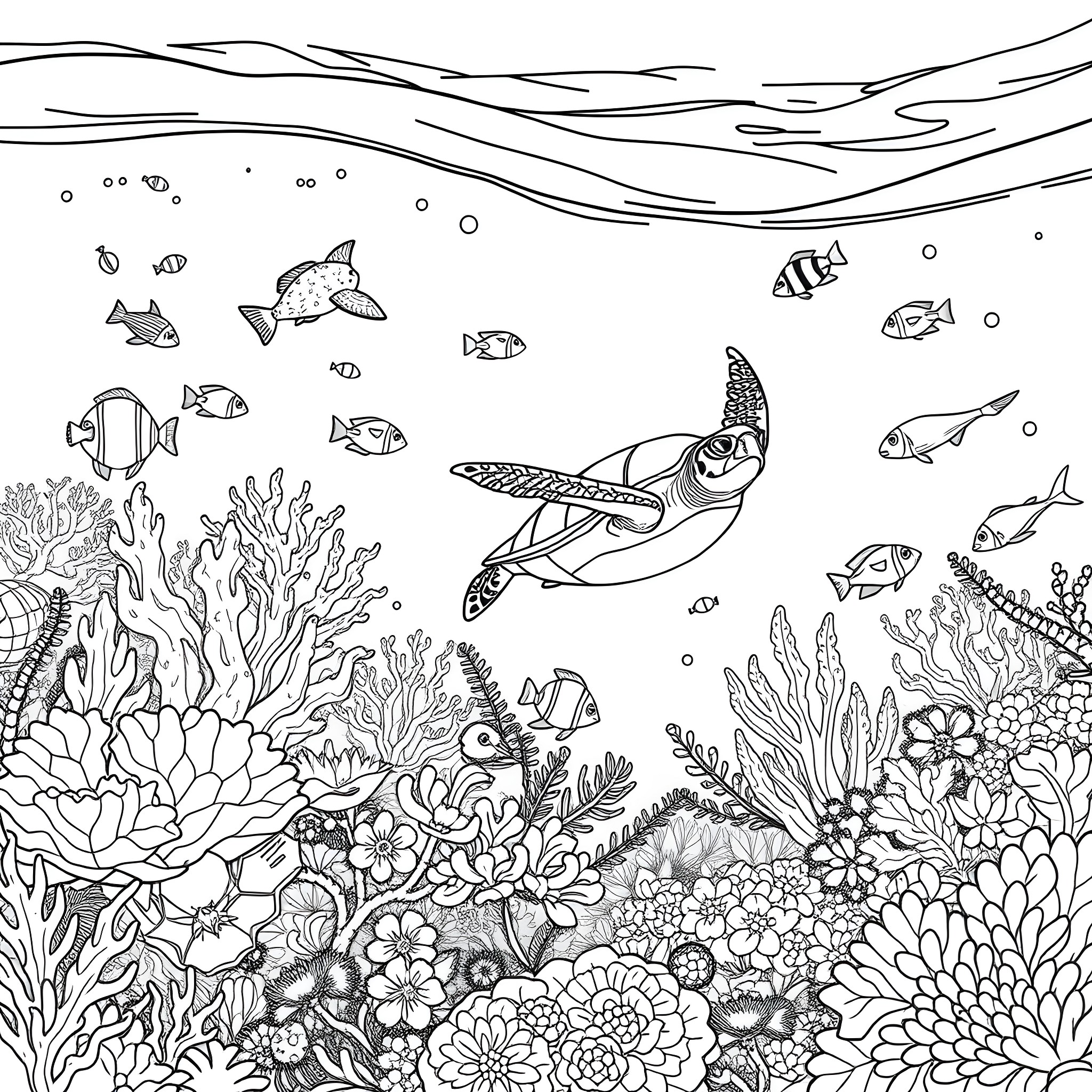 Sea creatures swimming among coral reefs and flowers Coloring Page (free black-and-white line drawing printable PDF for all, from beginners to advanced learners, including children, teens, adults, and seniors)