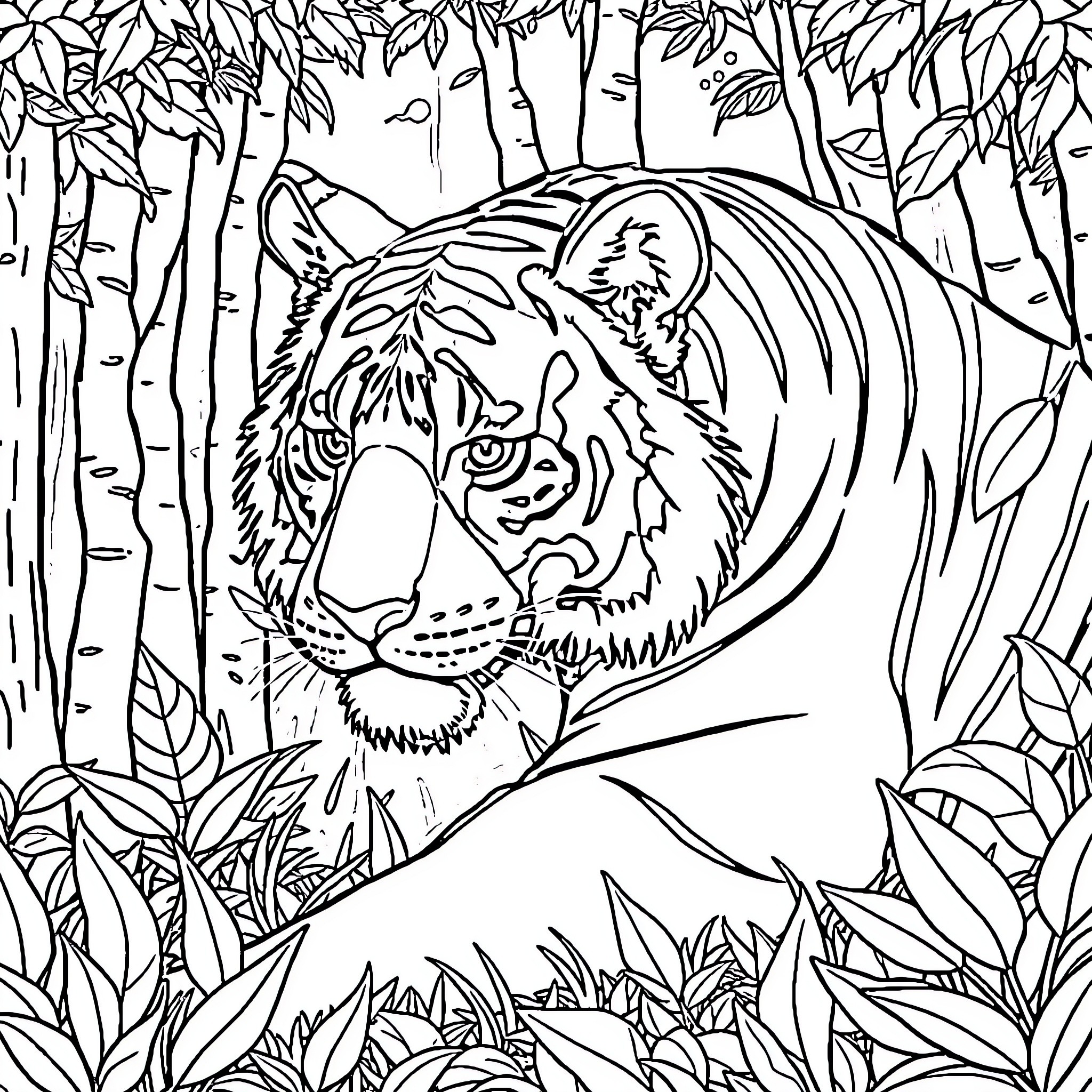 Tiger in the forest thicket Coloring Page (free black-and-white line drawing printable PDF for all, from beginners to advanced learners, including children, teens, adults, and seniors)