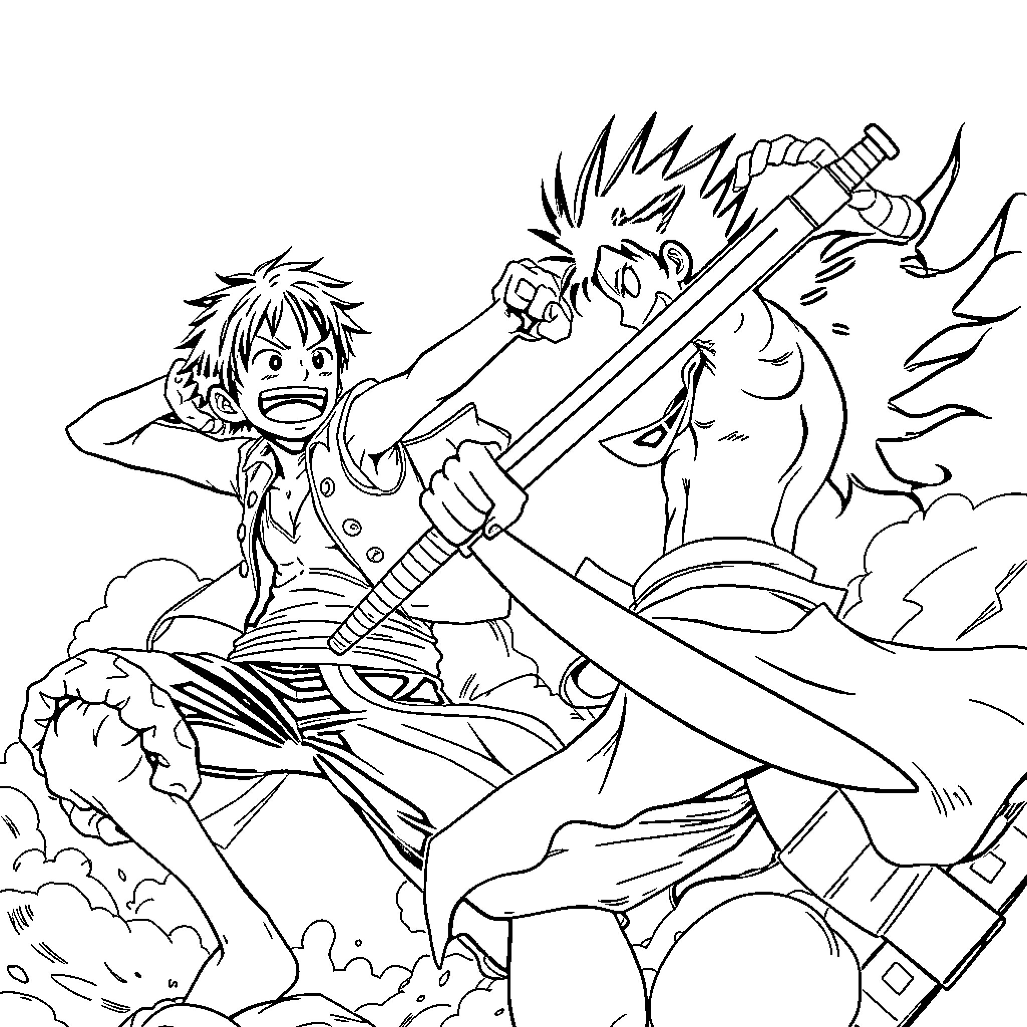 Monkey D Luffy battles fiercely with a mighty sword Coloring Page (free black-and-white line drawing printable PDF for all, from beginners to advanced learners, including children, teens, adults, and seniors)