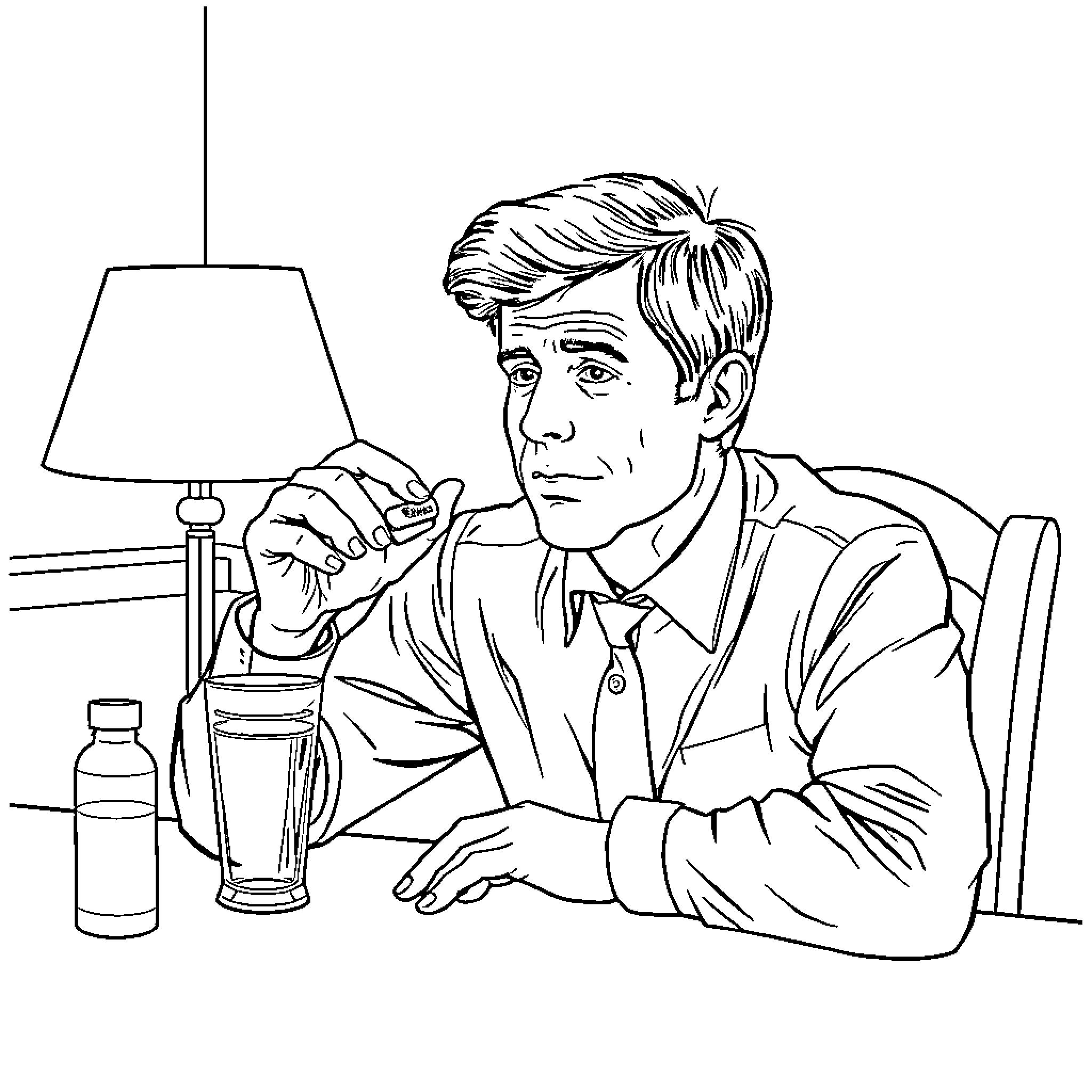 RFK Jr. pensive at table with drink Coloring Page (free black-and-white line drawing printable PDF for all, from beginners to advanced learners, including children, teens, adults, and seniors)