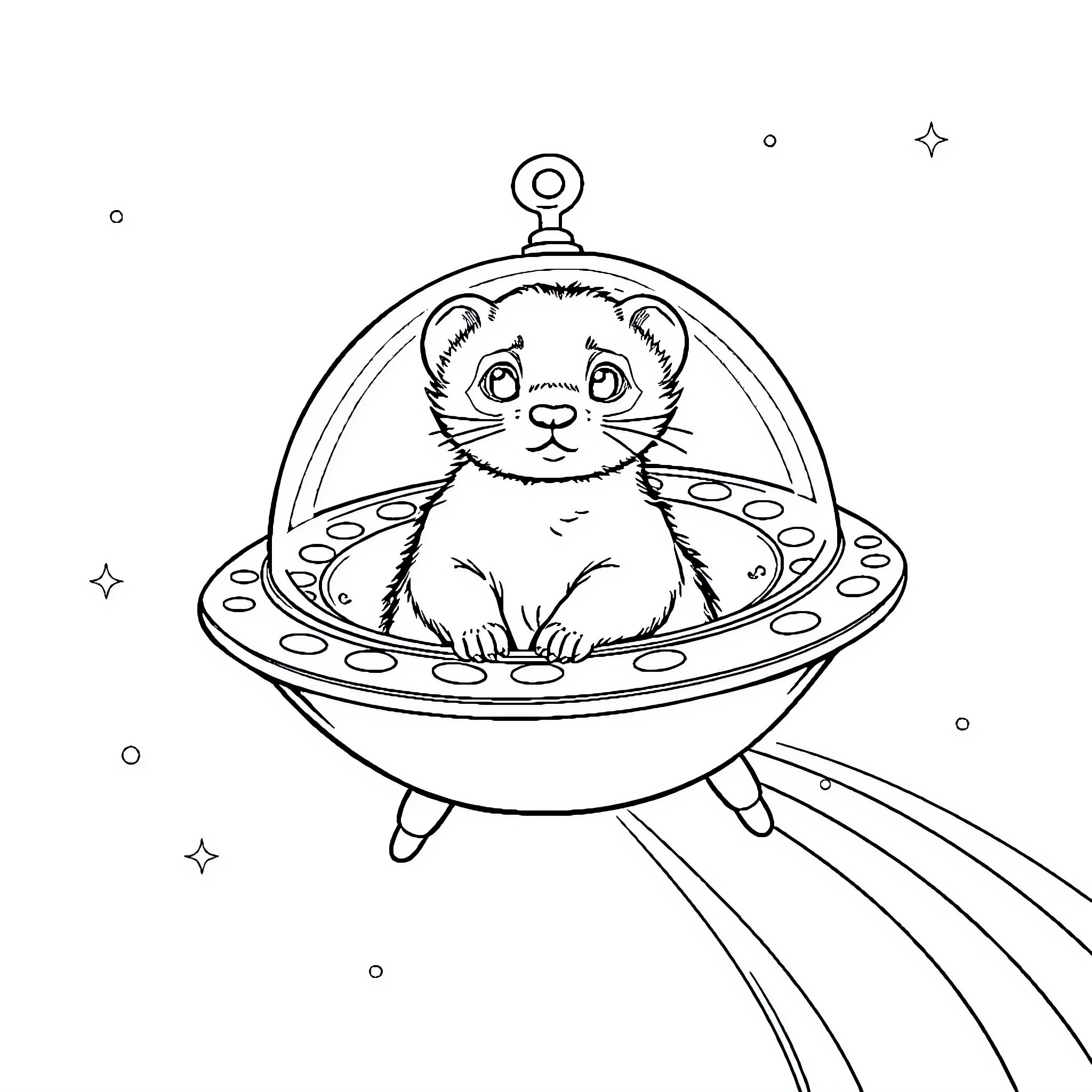 Ferret riding in a flying saucer Coloring Page (free black-and-white line drawing printable PDF for all, from beginners to advanced learners, including children, teens, adults, and seniors)
