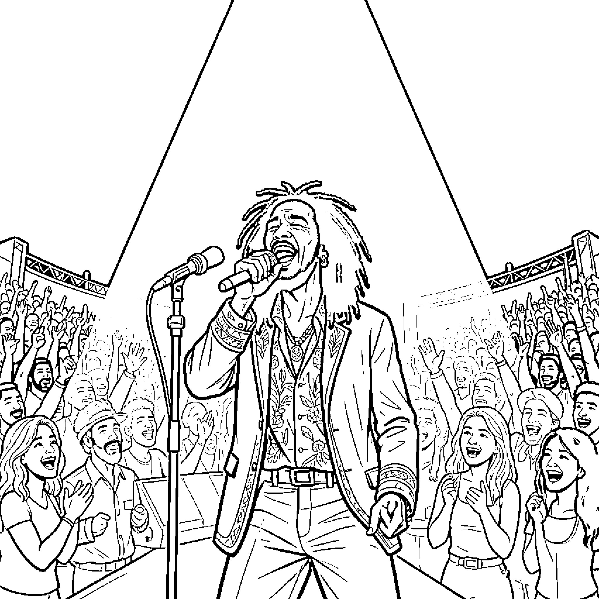 Bob Marley performing passionately on stage with crowd Coloring Page (free black-and-white line drawing printable PDF for all, from beginners to advanced learners, including children, teens, adults, and seniors)