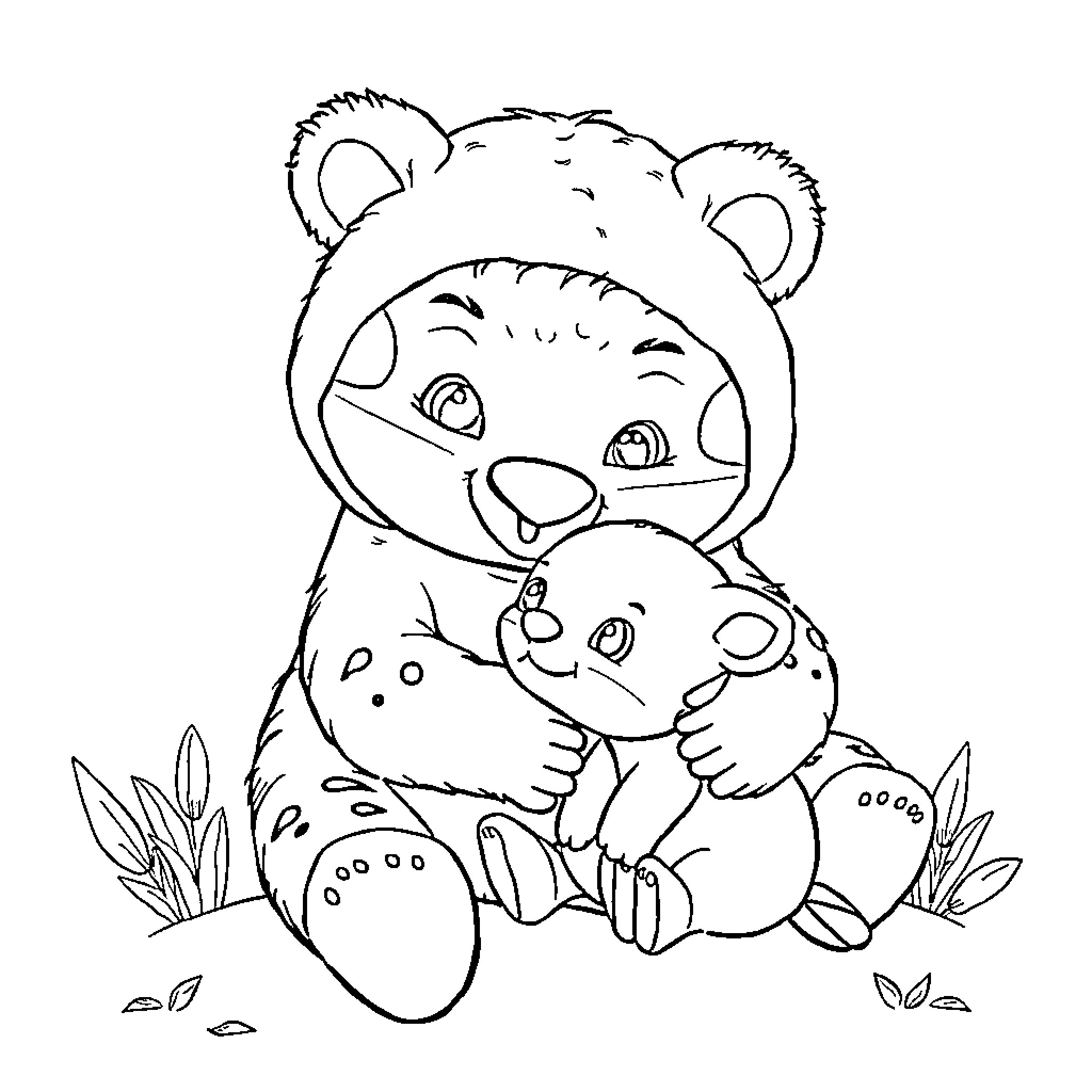 Animal Caretaker Embraces Two Cuddly Companions Coloring Page (free black-and-white line drawing printable PDF for all, from beginners to advanced learners, including children, teens, adults, and seniors)