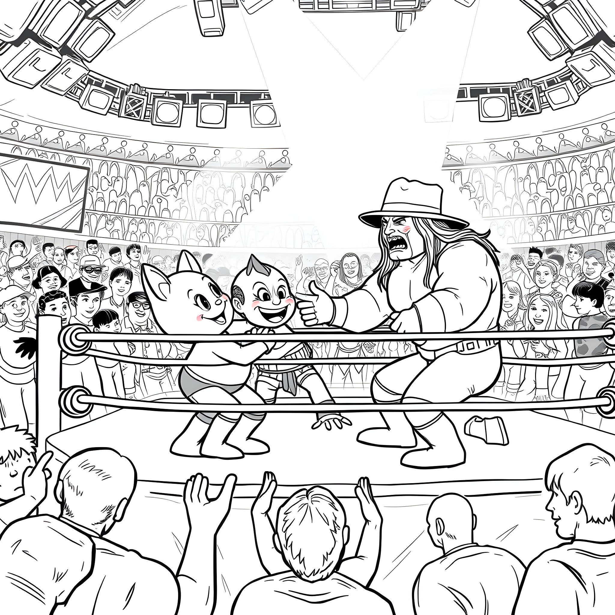 Bluey and friends in a lively wrestling match Coloring Page (free black-and-white line drawing printable PDF for all, from beginners to advanced learners, including children, teens, adults, and seniors)
