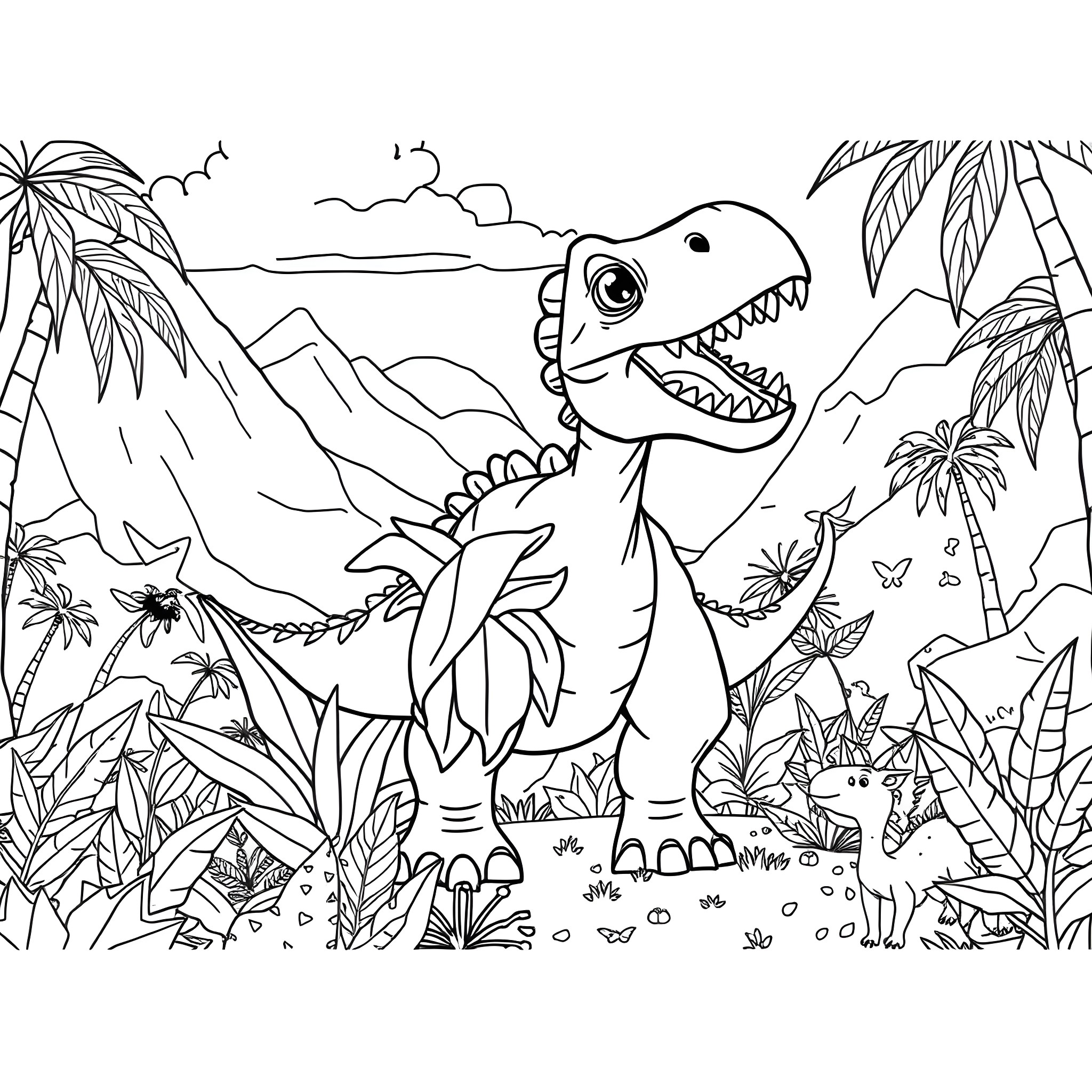 Dino roaring in the prehistoric jungle Coloring Page (free black-and-white line drawing printable PDF for all, from beginners to advanced learners, including children, teens, adults, and seniors)