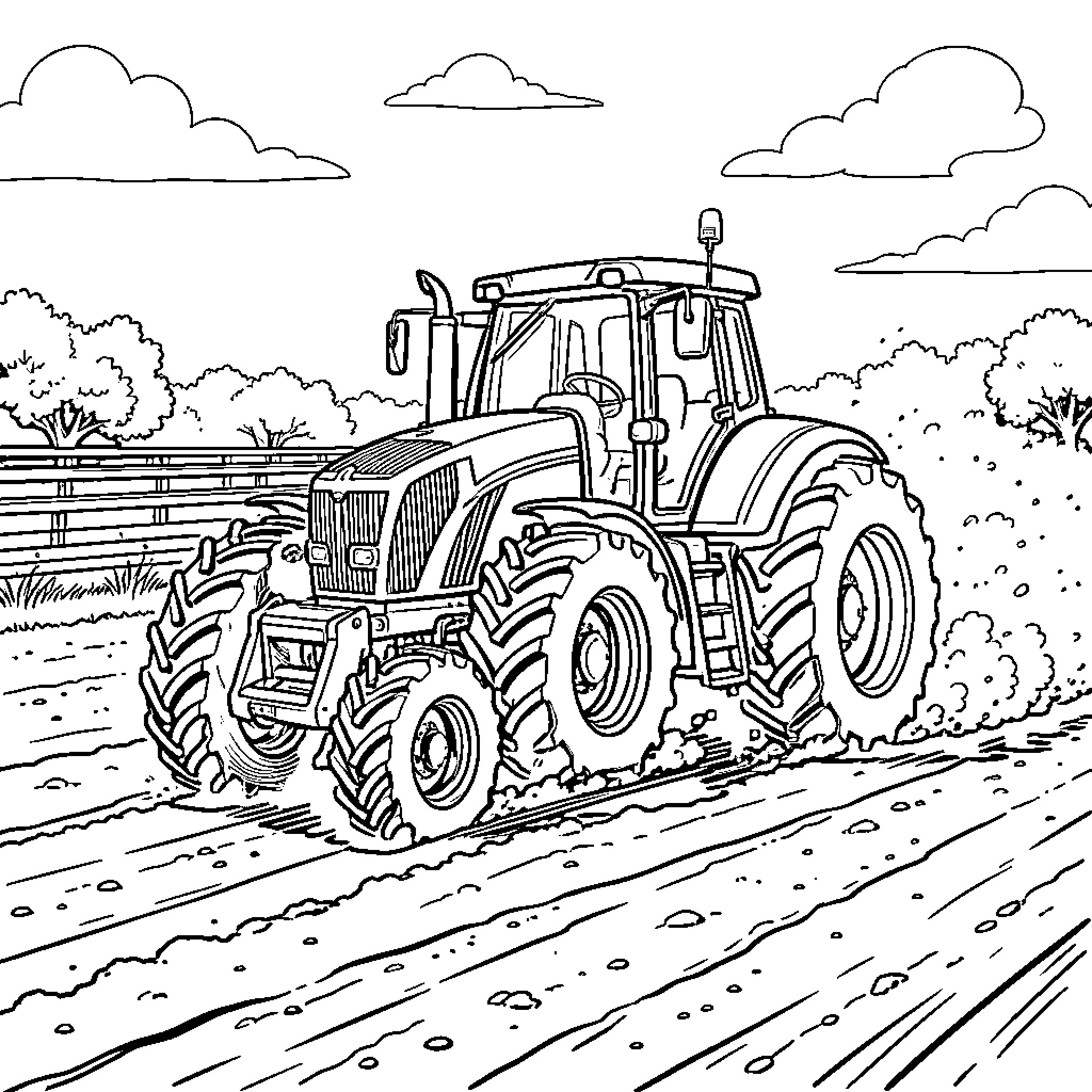 Racing Tractor driving through a muddy farm field Coloring Page (free black-and-white line drawing printable PDF for all, from beginners to advanced learners, including children, teens, adults, and seniors)