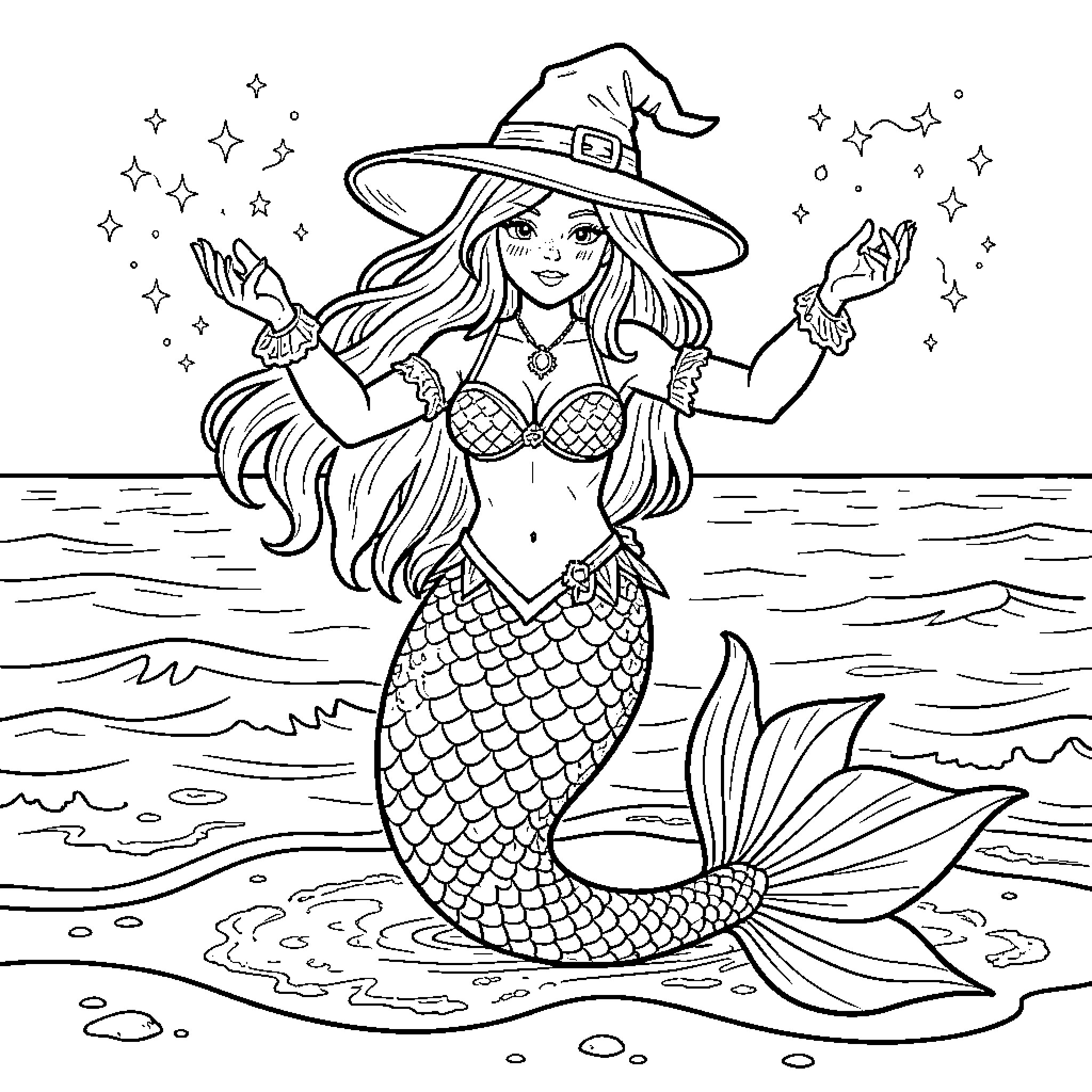 Mermaid casts magical spells in the ocean Coloring Page (free black-and-white line drawing printable PDF for all, from beginners to advanced learners, including children, teens, adults, and seniors)