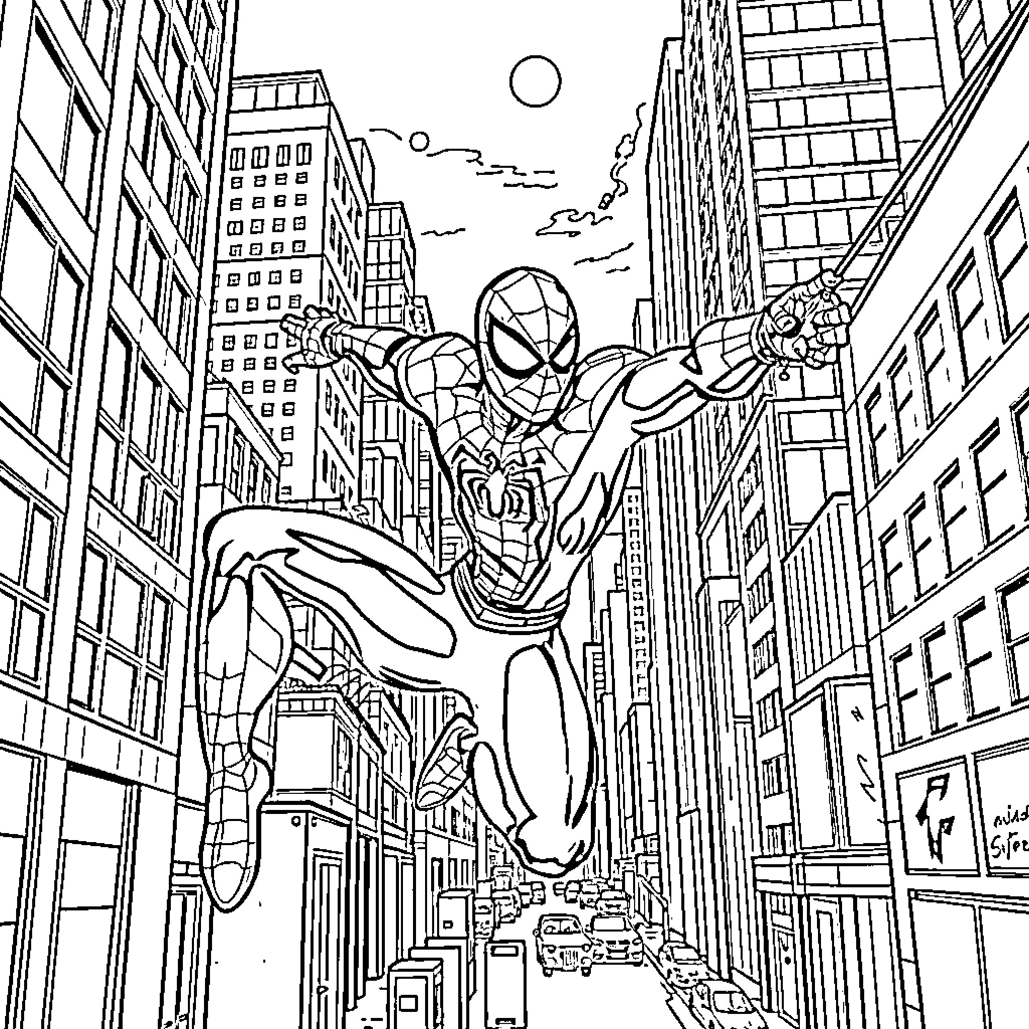 Spider-Man swinging through the city skyline Coloring Page (free black-and-white line drawing printable PDF for all, from beginners to advanced learners, including children, teens, adults, and seniors)