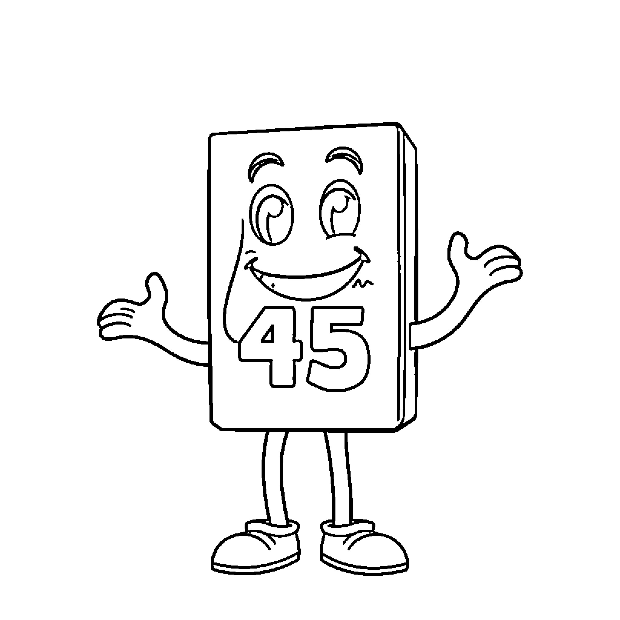 Numberblock 45 cheerfully waving Coloring Page (free black-and-white line drawing printable PDF for all, from beginners to advanced learners, including children, teens, adults, and seniors)