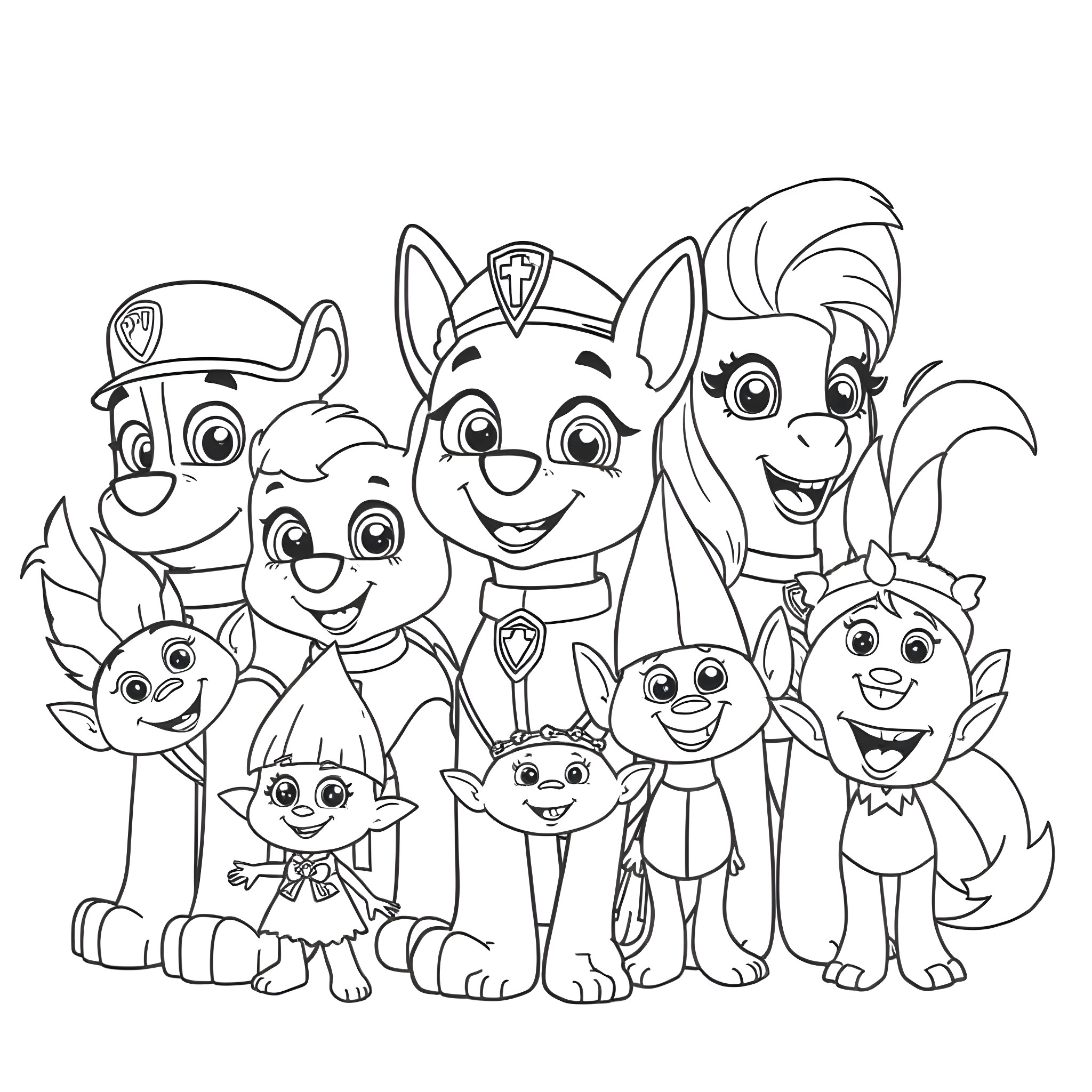 Paw Patrol characters in various poses and outfits Coloring Page (free black-and-white line drawing printable PDF for all, from beginners to advanced learners, including children, teens, adults, and seniors)