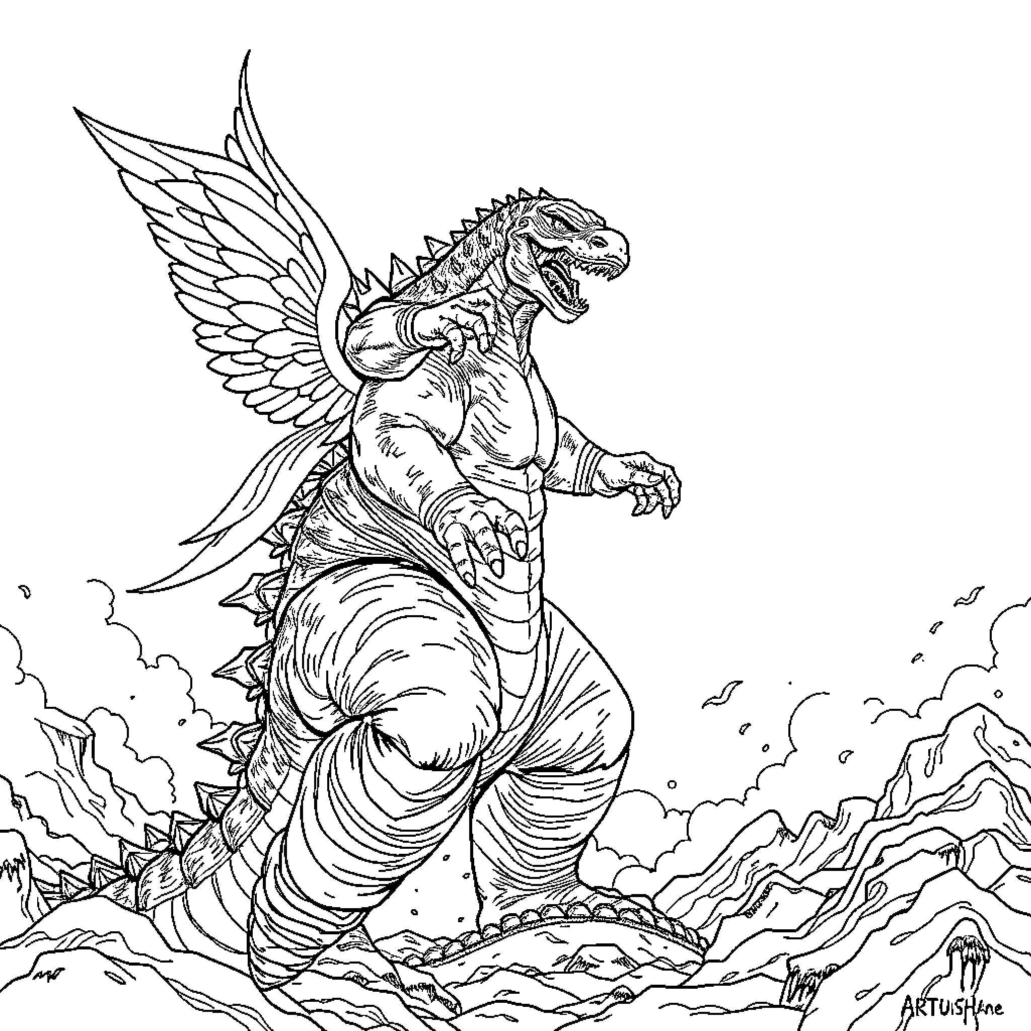 Angel Winged Creature Emerging from Clouds Coloring Page (free black-and-white line drawing printable PDF for all, from beginners to advanced learners, including children, teens, adults, and seniors)
