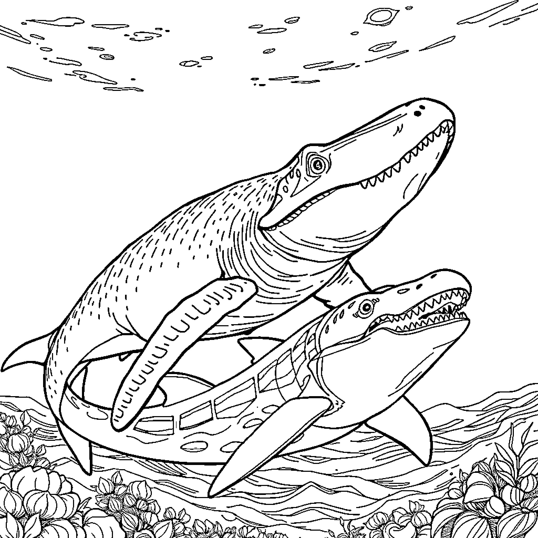 Mosasaurus hunting its prey in the underwater realm Coloring Page (free black-and-white line drawing printable PDF for all, from beginners to advanced learners, including children, teens, adults, and seniors)