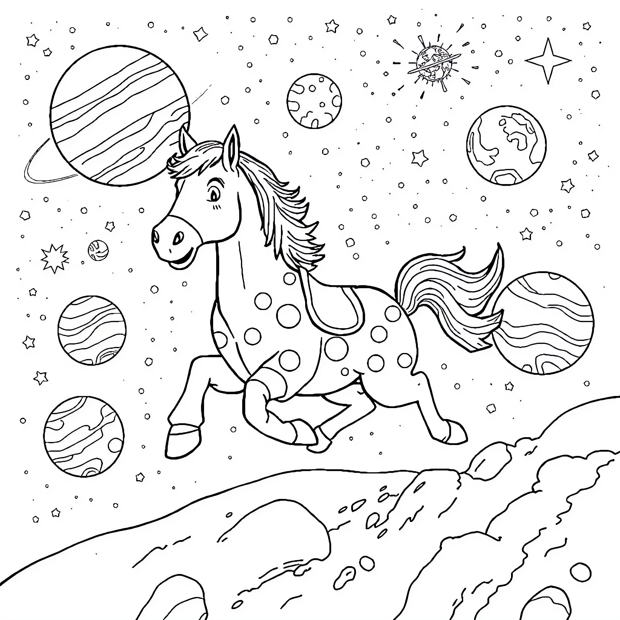 Horse galloping through cosmic space Coloring Page (free black-and-white line drawing printable PDF for all, from beginners to advanced learners, including children, teens, adults, and seniors)
