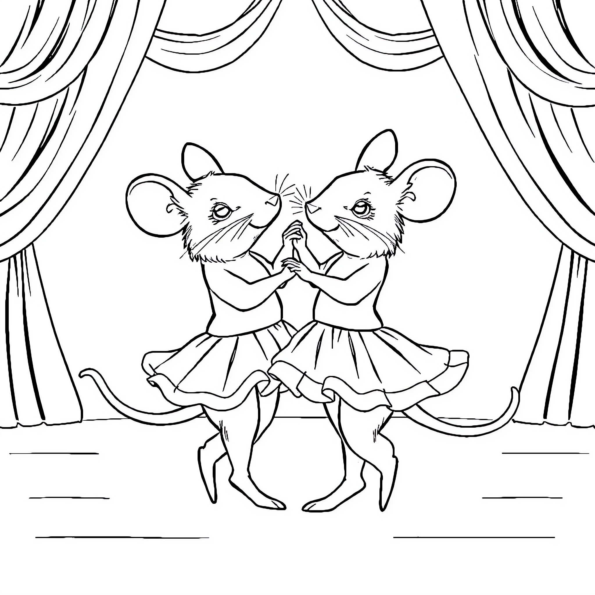 Mouse performers dancing on stage Coloring Page (free black-and-white line drawing printable PDF for all, from beginners to advanced learners, including children, teens, adults, and seniors)