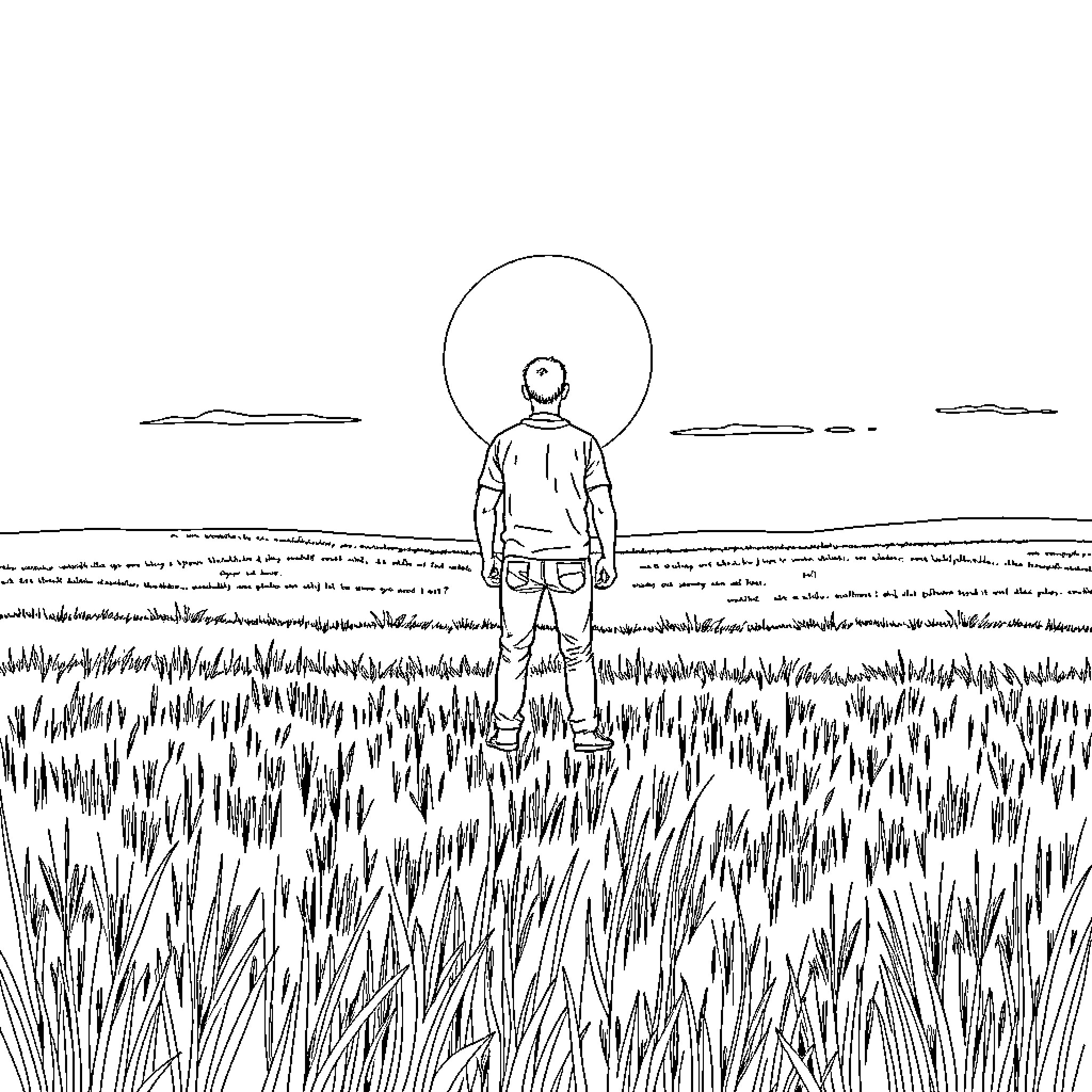 Man standing alone in a vast grassy field Coloring Page (free black-and-white line drawing printable PDF for all, from beginners to advanced learners, including children, teens, adults, and seniors)