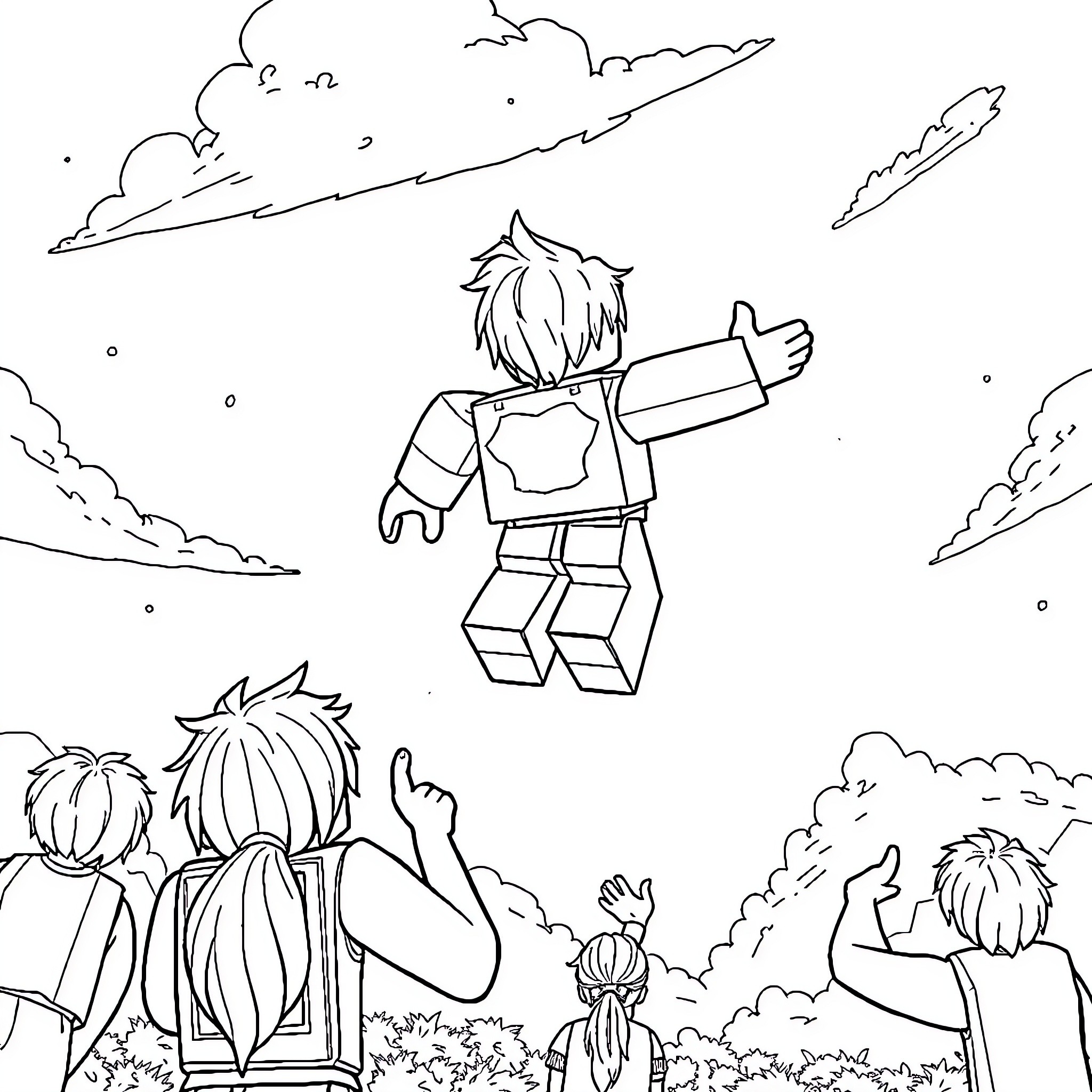 Roblox Backer playing in a whimsical, blocky world Coloring Page (free black-and-white line drawing printable PDF for all, from beginners to advanced learners, including children, teens, adults, and seniors)