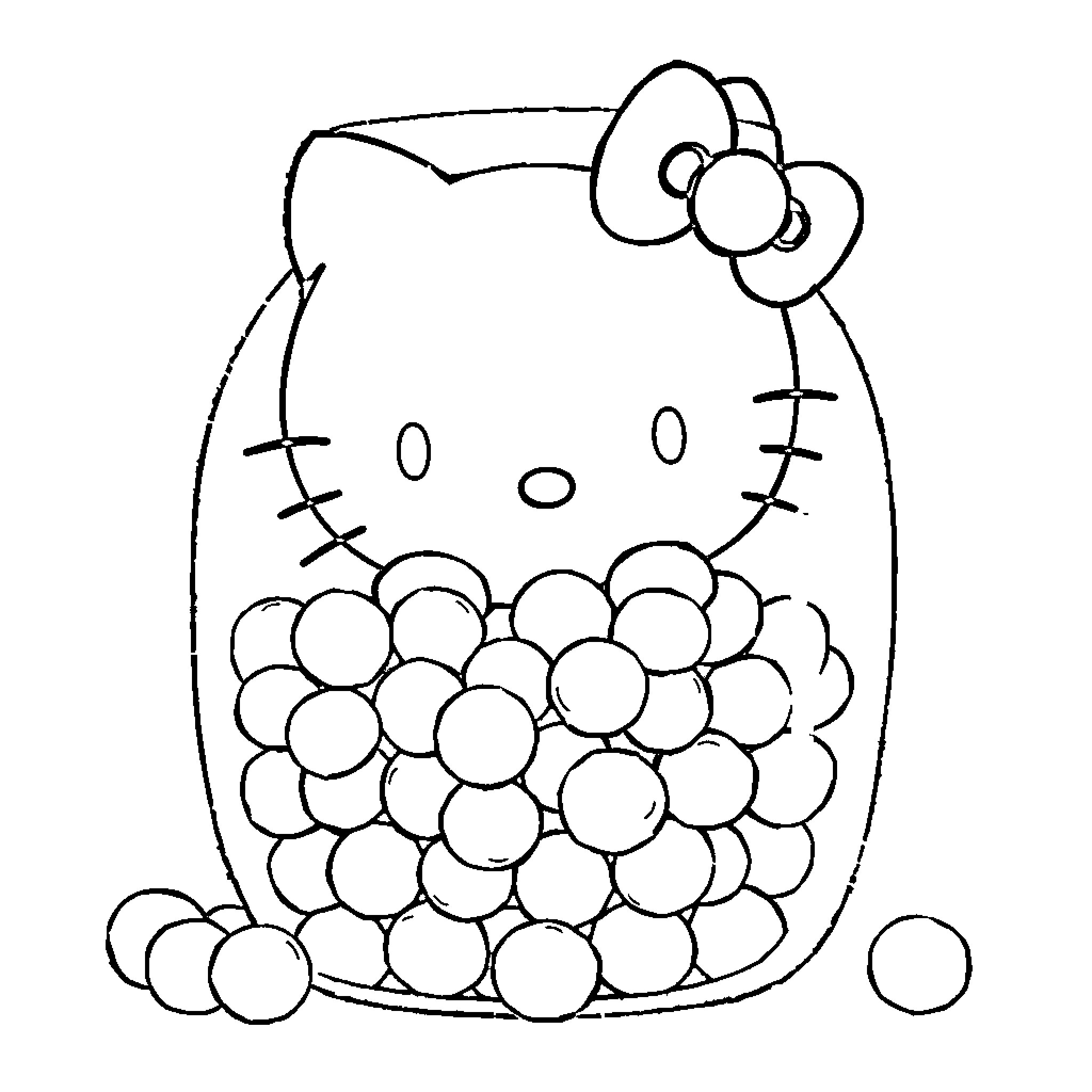 Hello Kitty surrounded by polka dots Coloring Page (free black-and-white line drawing printable PDF for all, from beginners to advanced learners, including children, teens, adults, and seniors)