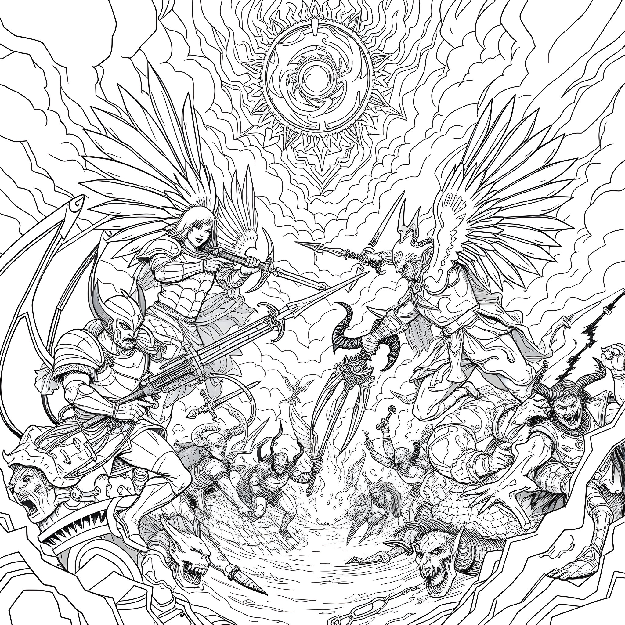 Angel Warriors Battling Fierce Demonic Entities Coloring Page (free black-and-white line drawing printable PDF for all, from beginners to advanced learners, including children, teens, adults, and seniors)