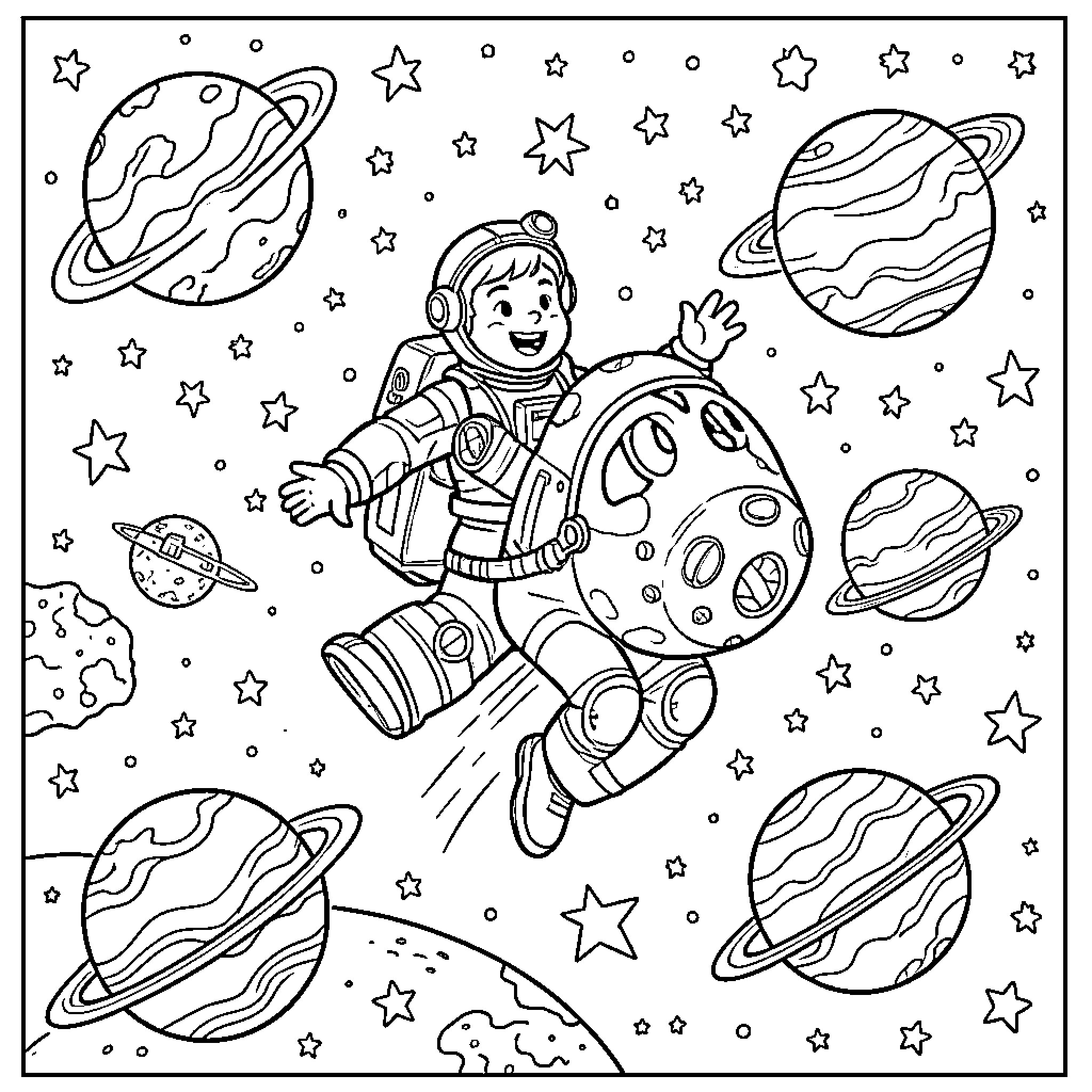 Paw Patrol Astronaut Exploring the Starry Cosmos Coloring Page (free black-and-white line drawing printable PDF for all, from beginners to advanced learners, including children, teens, adults, and seniors)