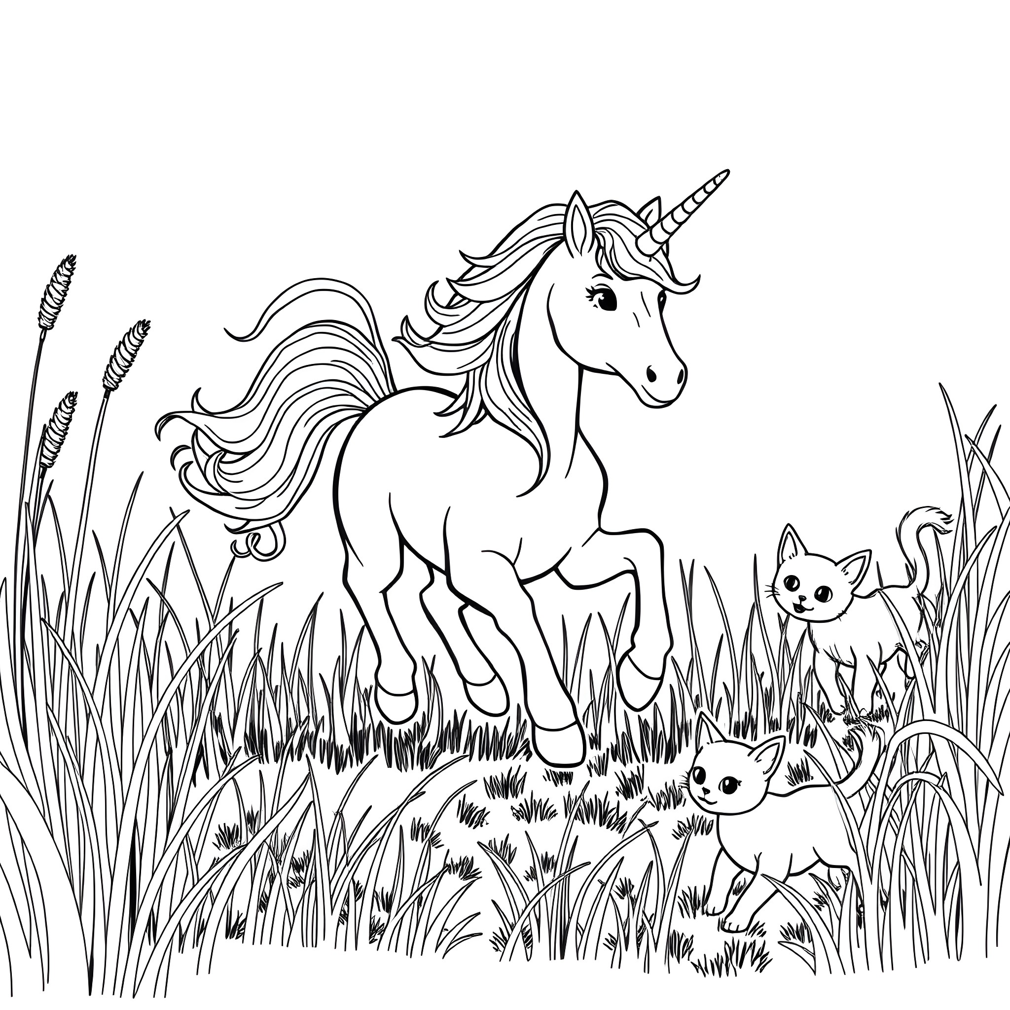 Unicorn walking happily through the meadow with cats Coloring Page (free black-and-white line drawing printable PDF for all, from beginners to advanced learners, including children, teens, adults, and seniors)