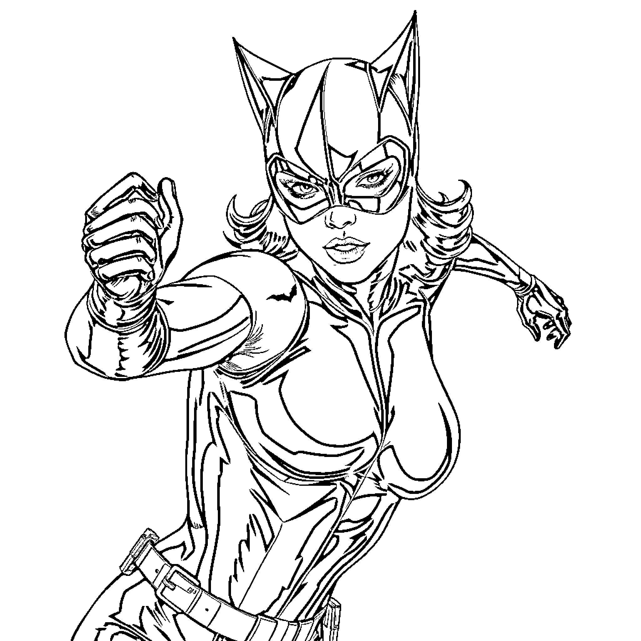 Catwoman in action-packed superhero pose Coloring Page (free black-and-white line drawing printable PDF for all, from beginners to advanced learners, including children, teens, adults, and seniors)