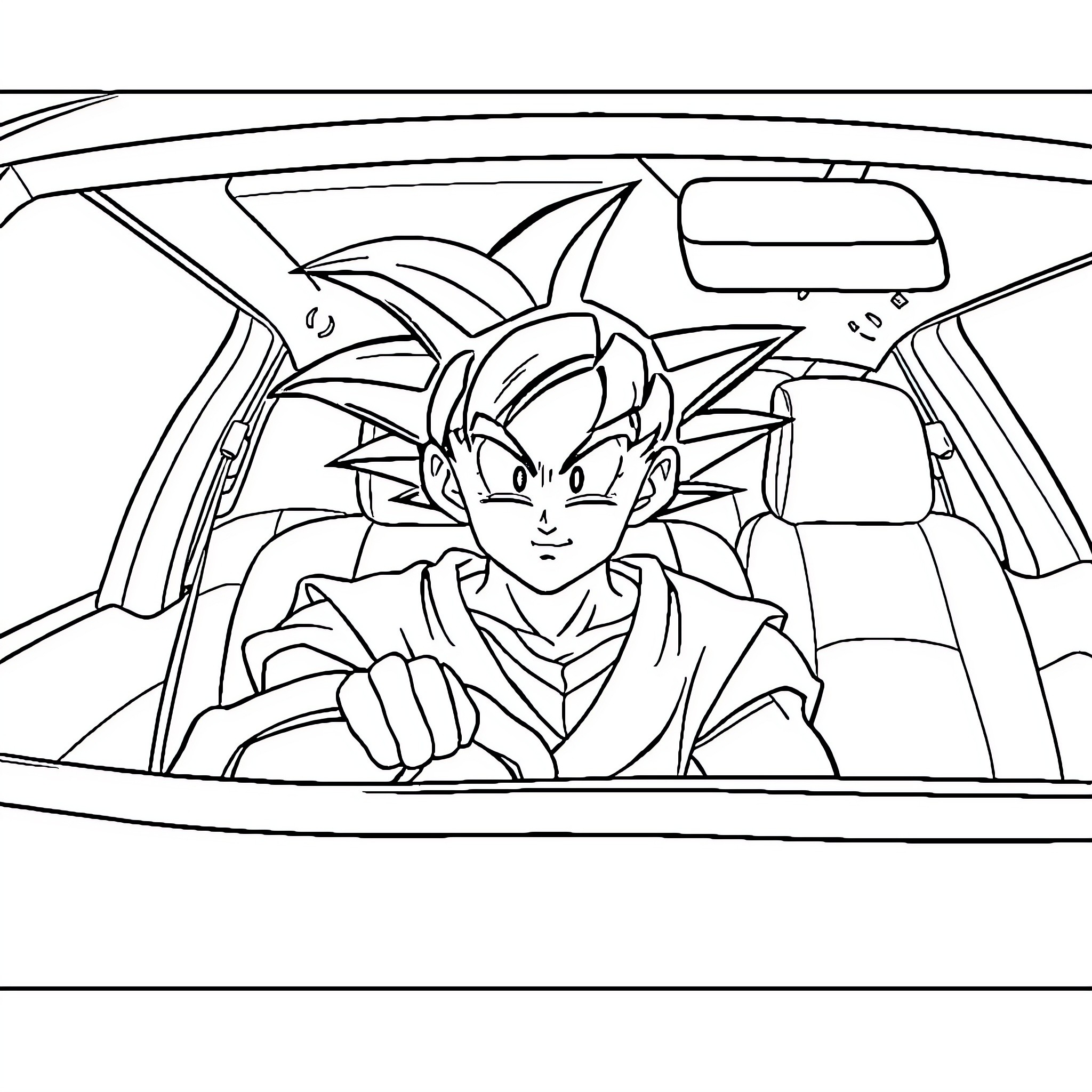 Son Goku driving a car with determination Coloring Page (free black-and-white line drawing printable PDF for all, from beginners to advanced learners, including children, teens, adults, and seniors)