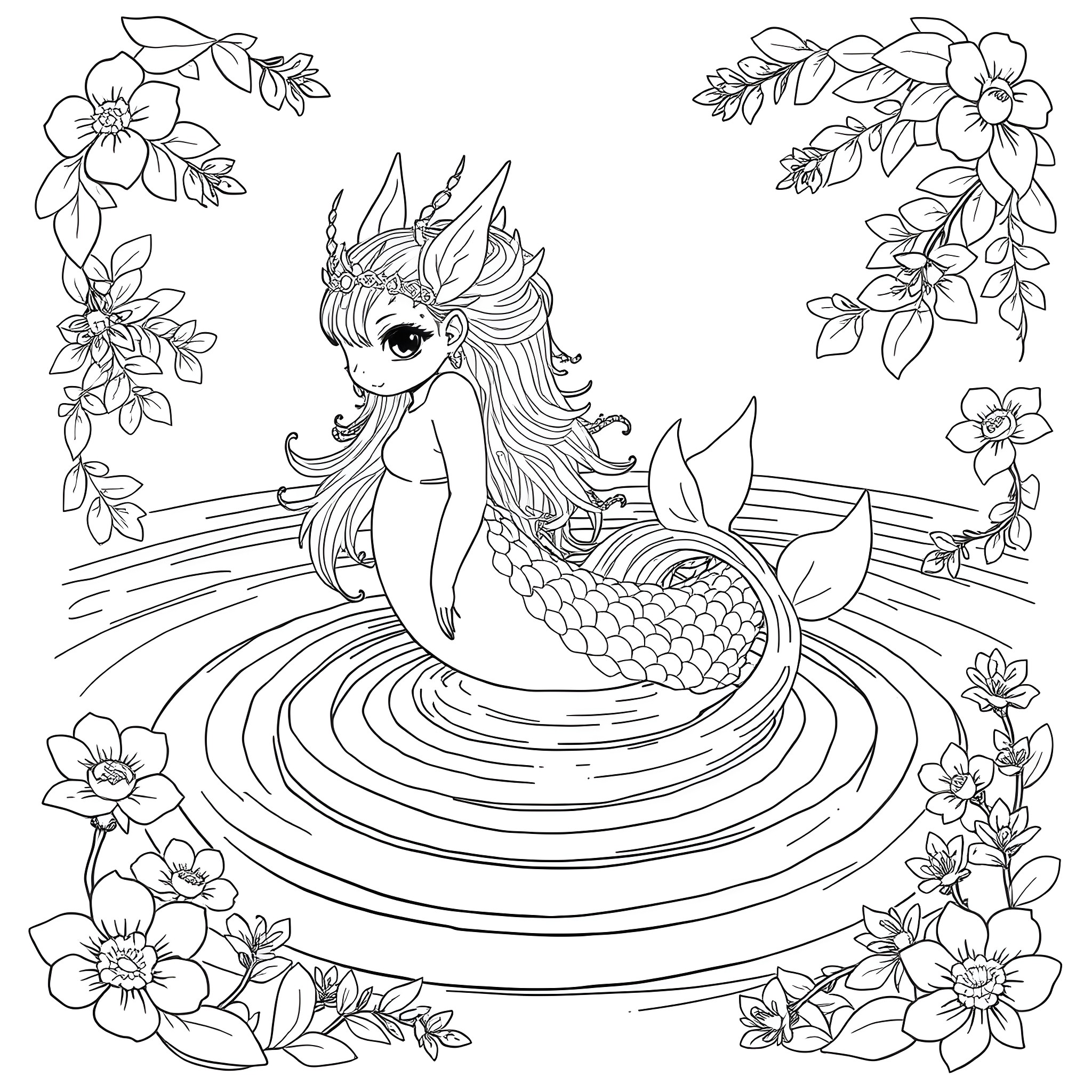 Mishipeshu's Aquatic Reverie Coloring Page (free black-and-white line drawing printable PDF for all, from beginners to advanced learners, including children, teens, adults, and seniors)