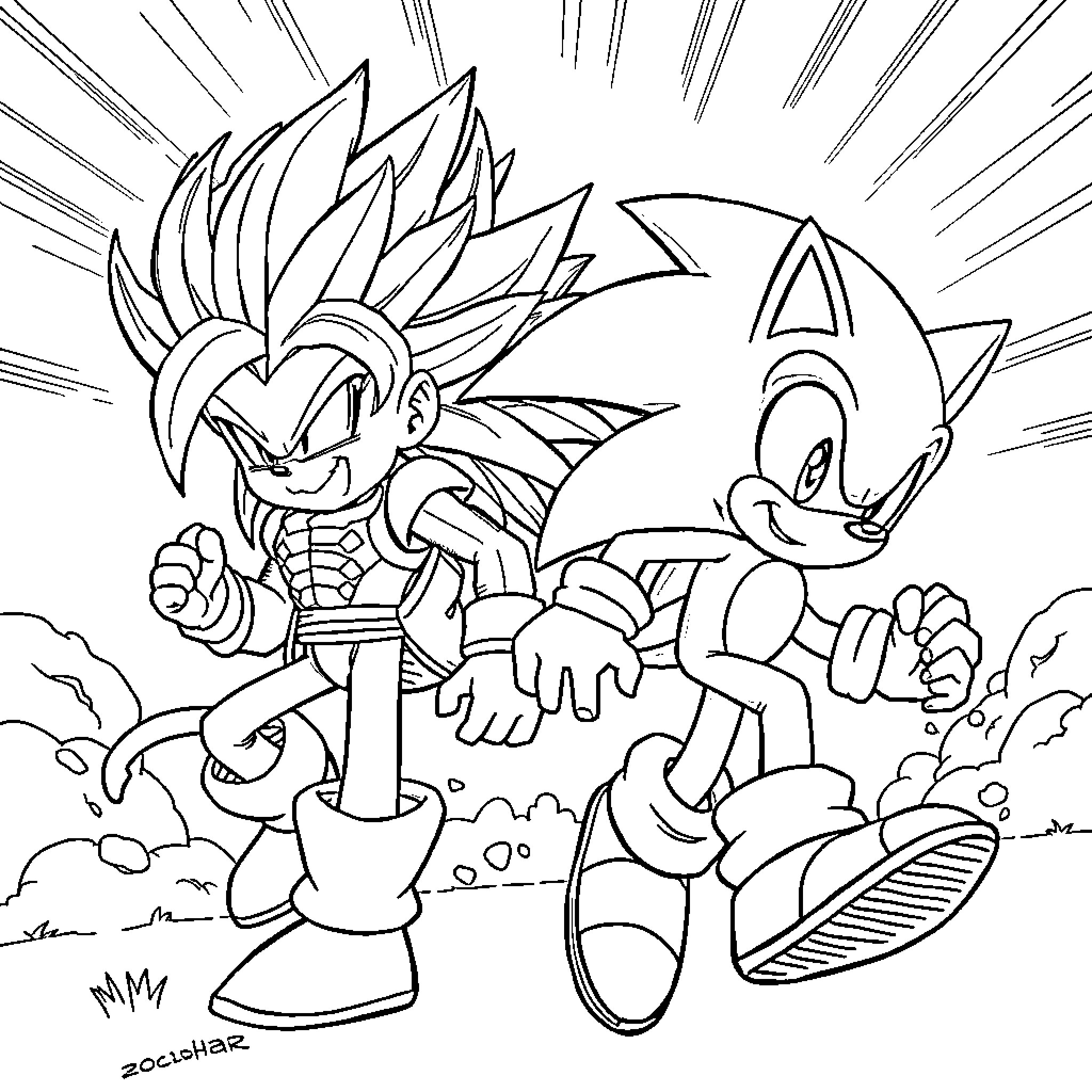 Sonic characters in dynamic action poses Coloring Page (free black-and-white line drawing printable PDF for all, from beginners to advanced learners, including children, teens, adults, and seniors)