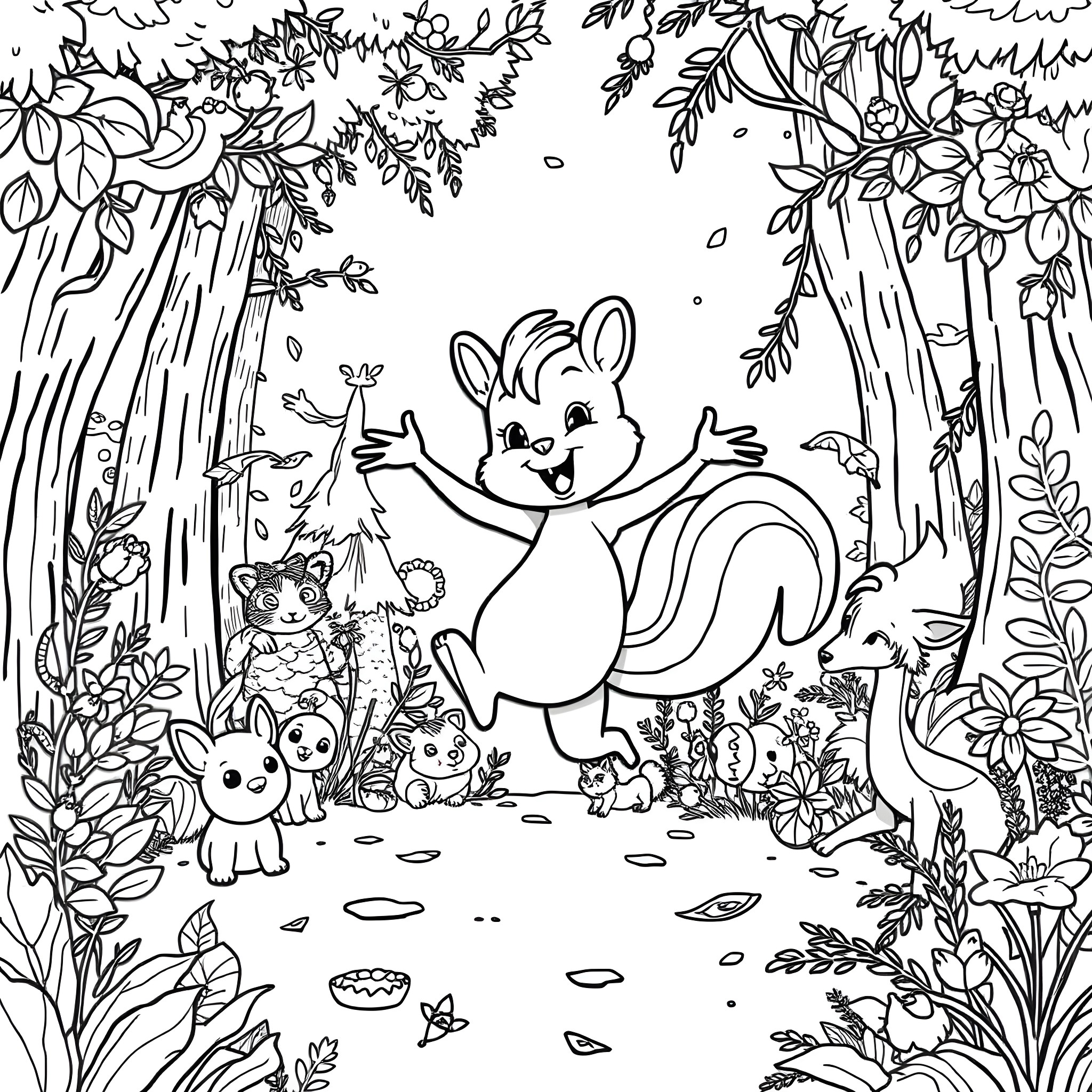 Sprunki's Playful Forest Adventure Coloring Page (free black-and-white line drawing printable PDF for all, from beginners to advanced learners, including children, teens, adults, and seniors)