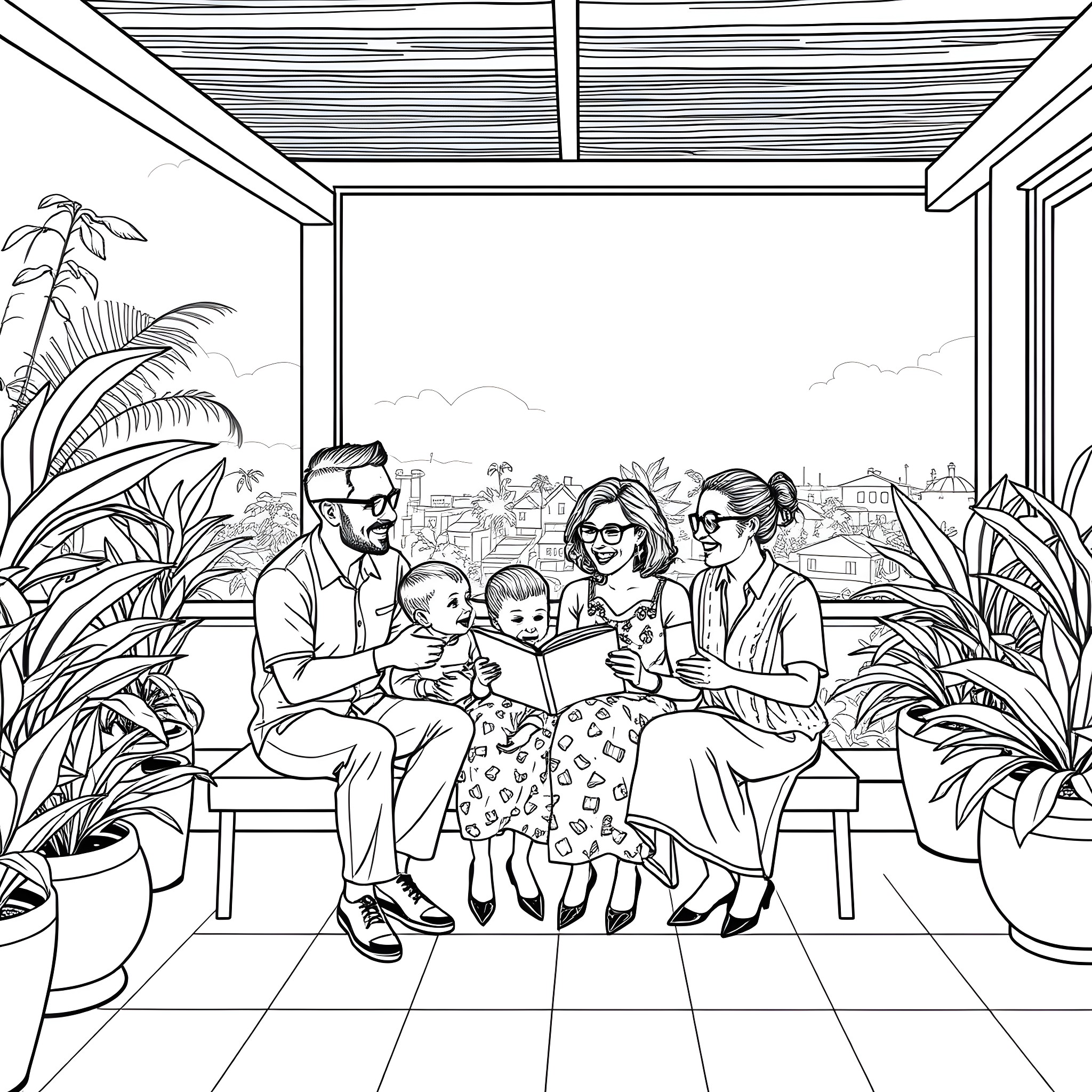 Family Enjoying Quality Time at Home Coloring Page (free black-and-white line drawing printable PDF for all, from beginners to advanced learners, including children, teens, adults, and seniors)