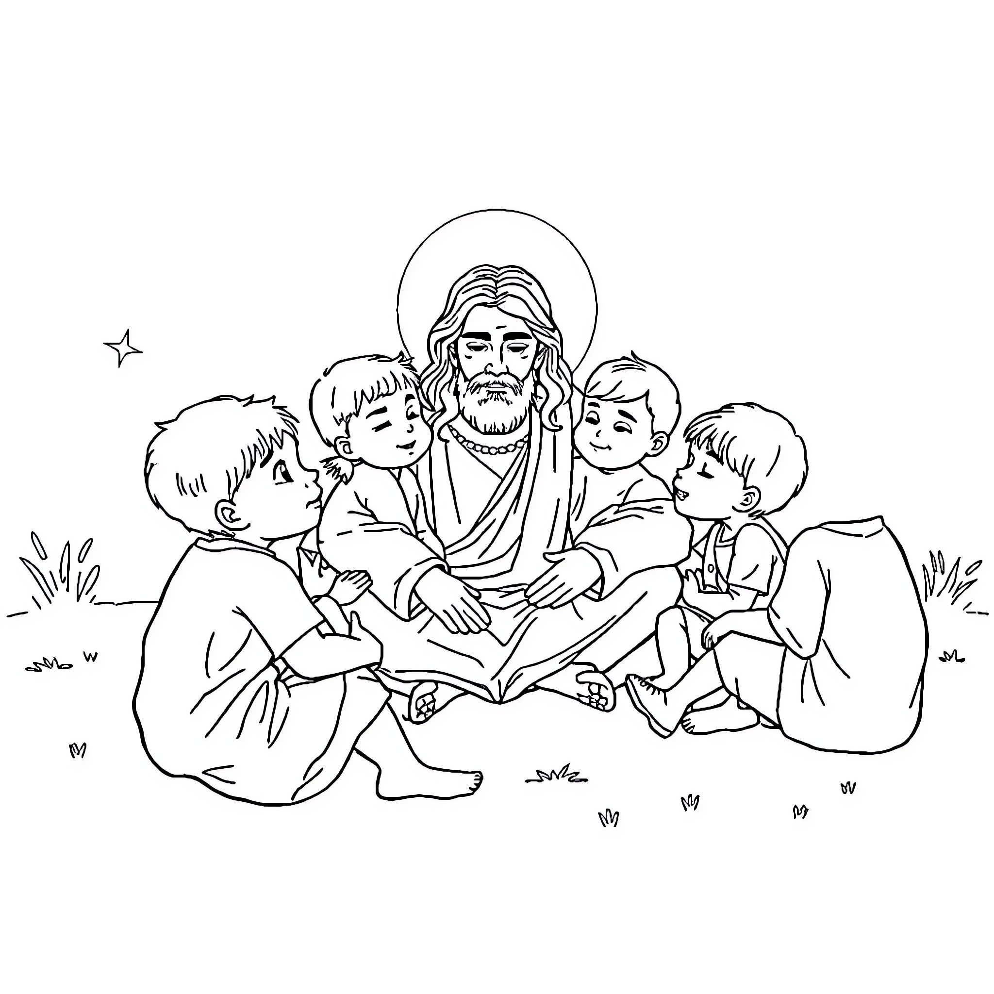 Jesus Embracing and Nurturing Children Coloring Page (free black-and-white line drawing printable PDF for all, from beginners to advanced learners, including children, teens, adults, and seniors)
