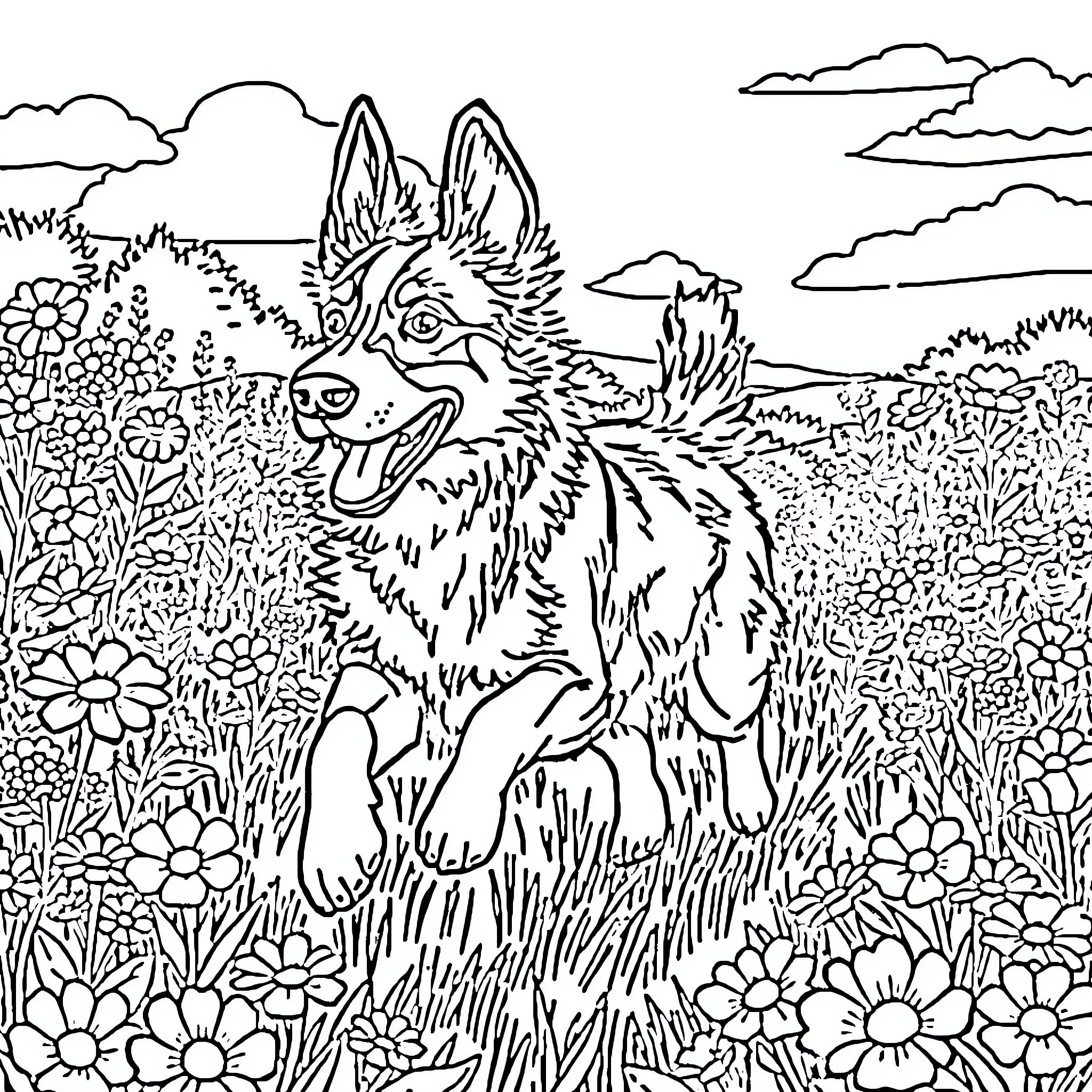 Blue Heeler exploring vibrant meadow scene Coloring Page (free black-and-white line drawing printable PDF for all, from beginners to advanced learners, including children, teens, adults, and seniors)