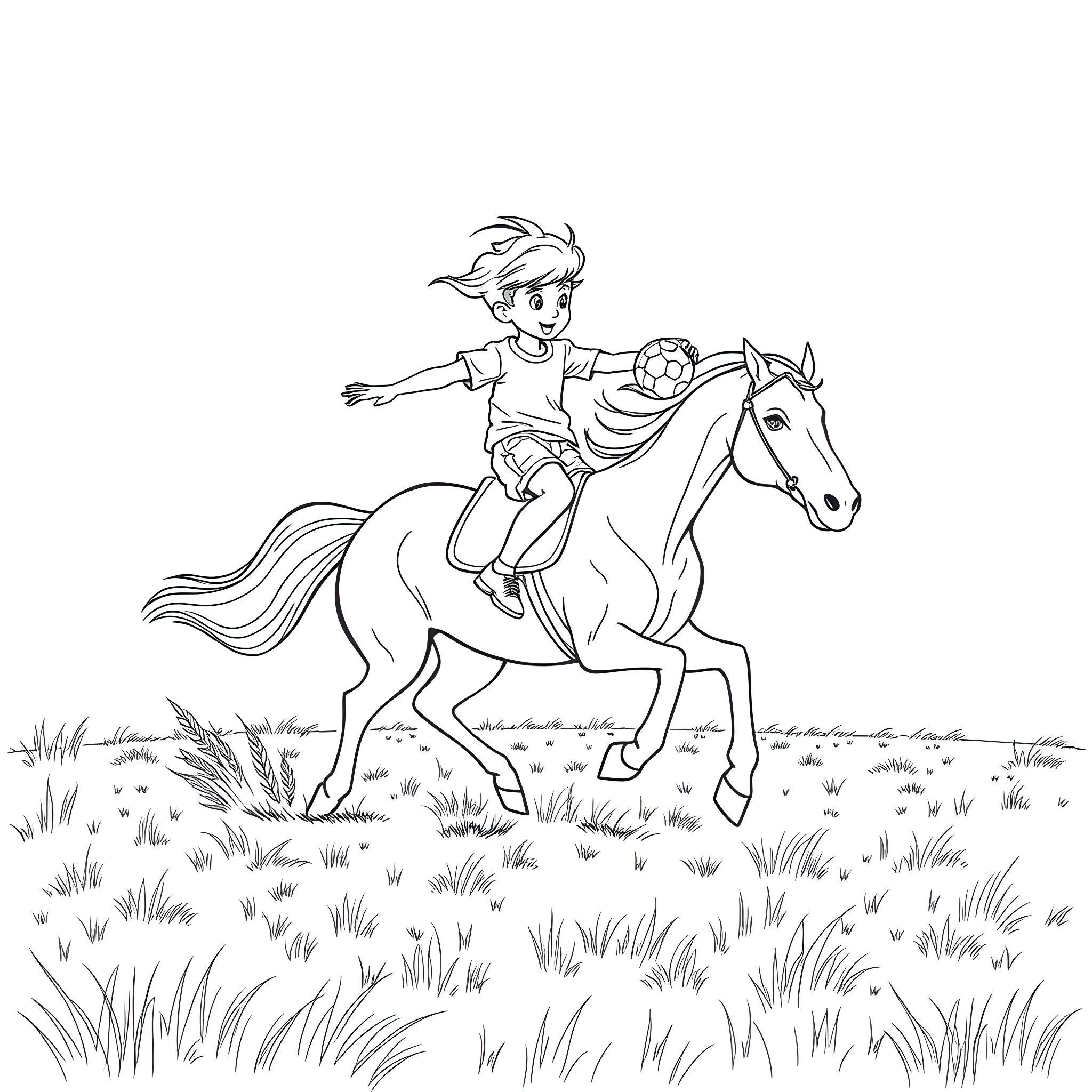 Boy riding a horse in the meadow Coloring Page (free black-and-white line drawing printable PDF for all, from beginners to advanced learners, including children, teens, adults, and seniors)