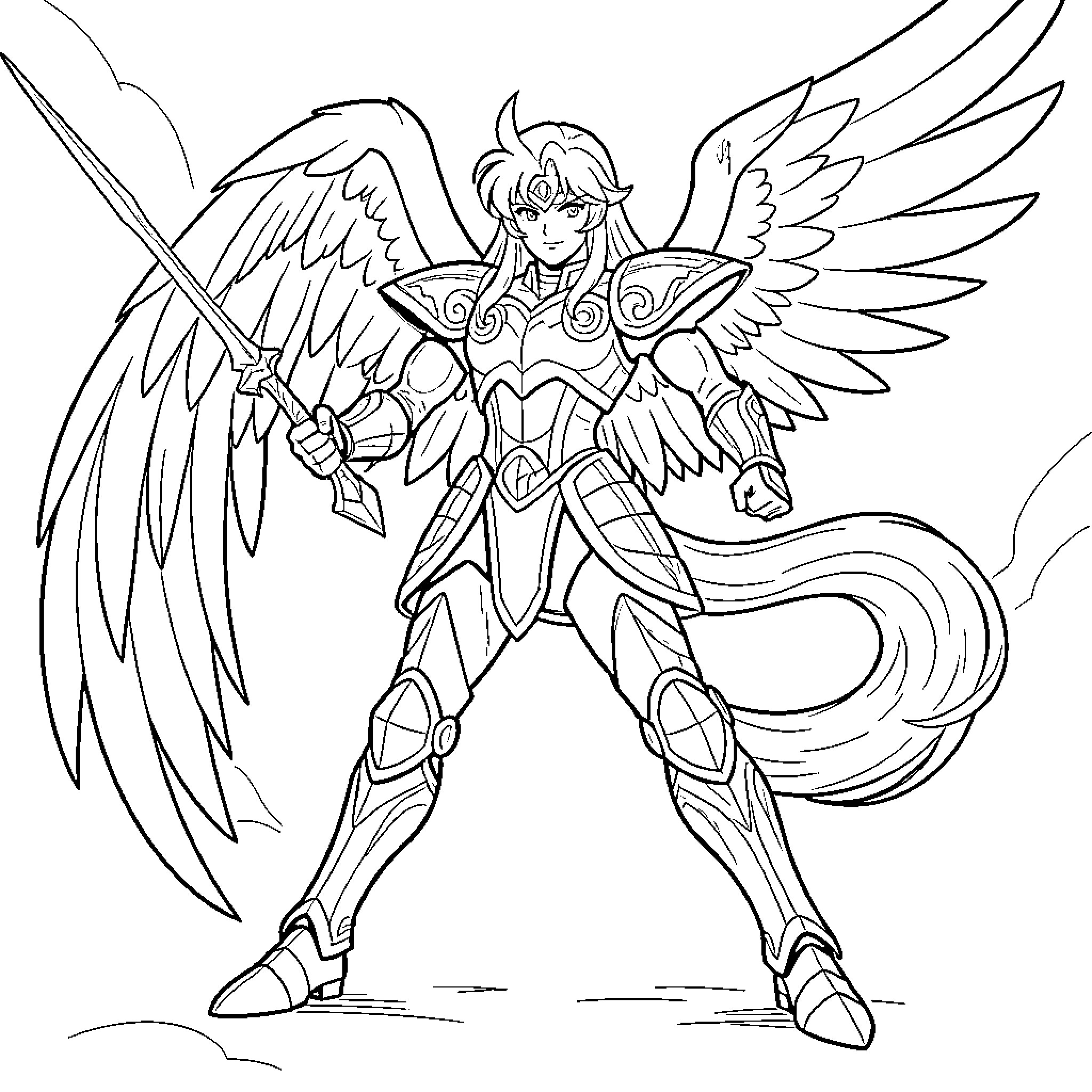 Pegasus warrior standing heroically with large wings and sword Coloring Page (free black-and-white line drawing printable PDF for all, from beginners to advanced learners, including children, teens, adults, and seniors)