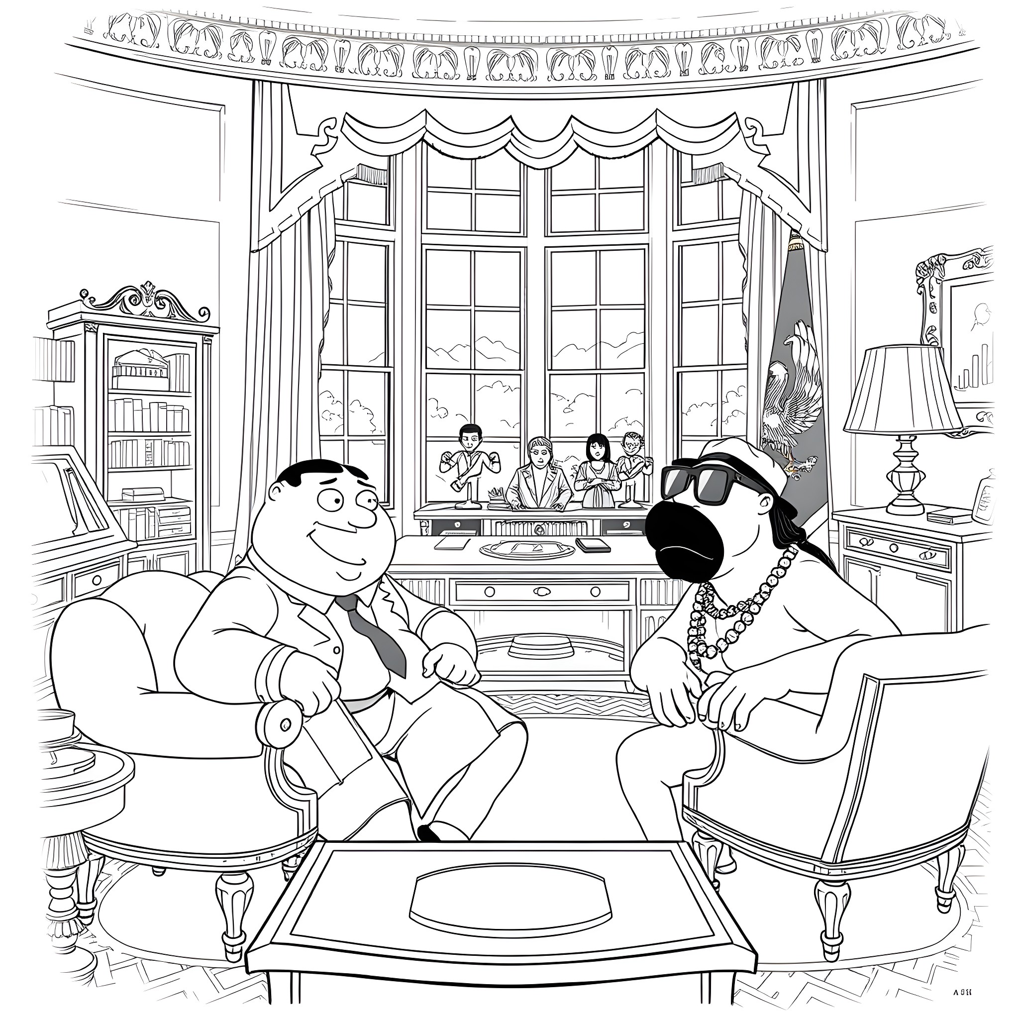 Peter Griffin and friends in a formal living room setting Coloring Page (free black-and-white line drawing printable PDF for all, from beginners to advanced learners, including children, teens, adults, and seniors)