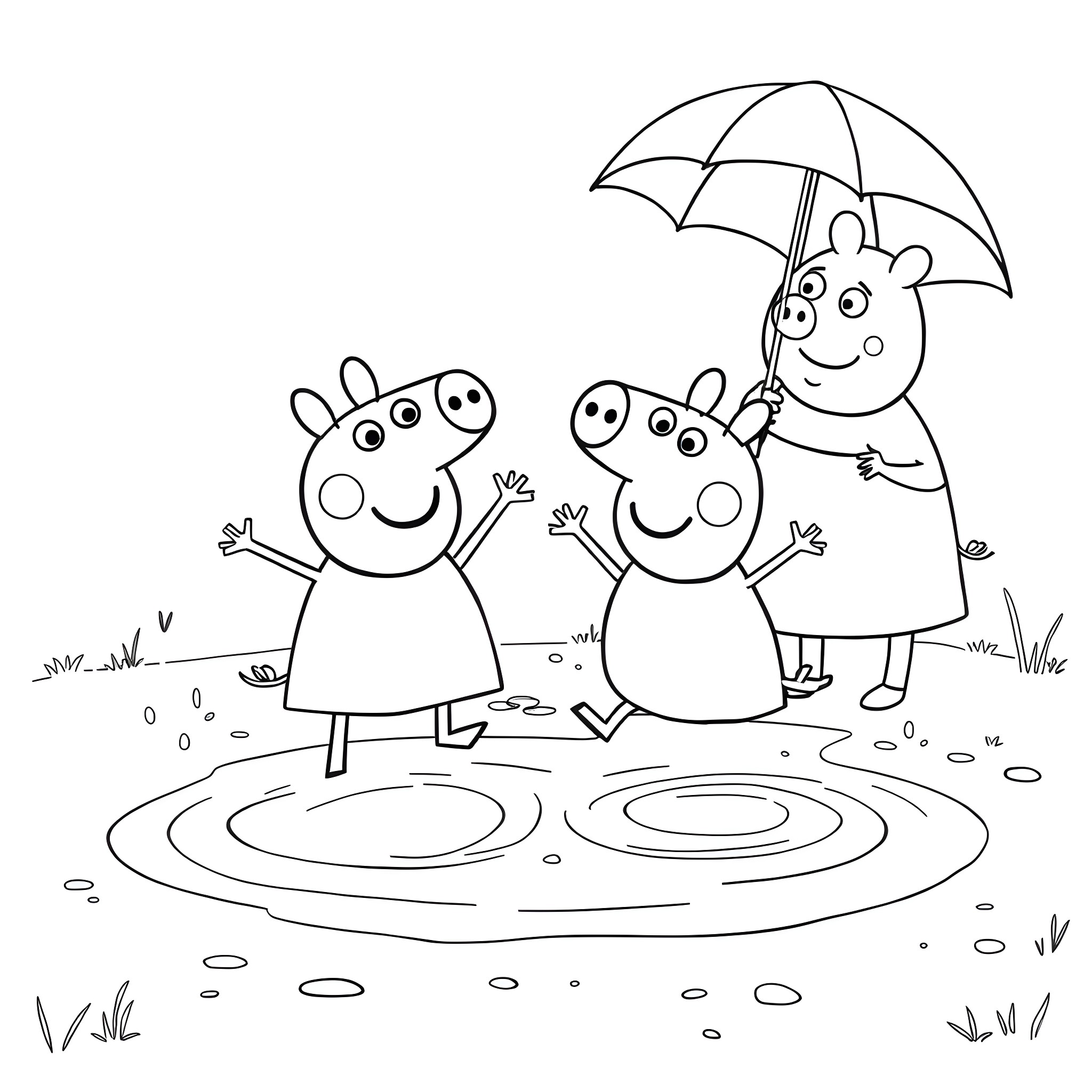 Peppa Pig and Friends Exploring the Rainy Outdoors Coloring Page (free black-and-white line drawing printable PDF for all, from beginners to advanced learners, including children, teens, adults, and seniors)