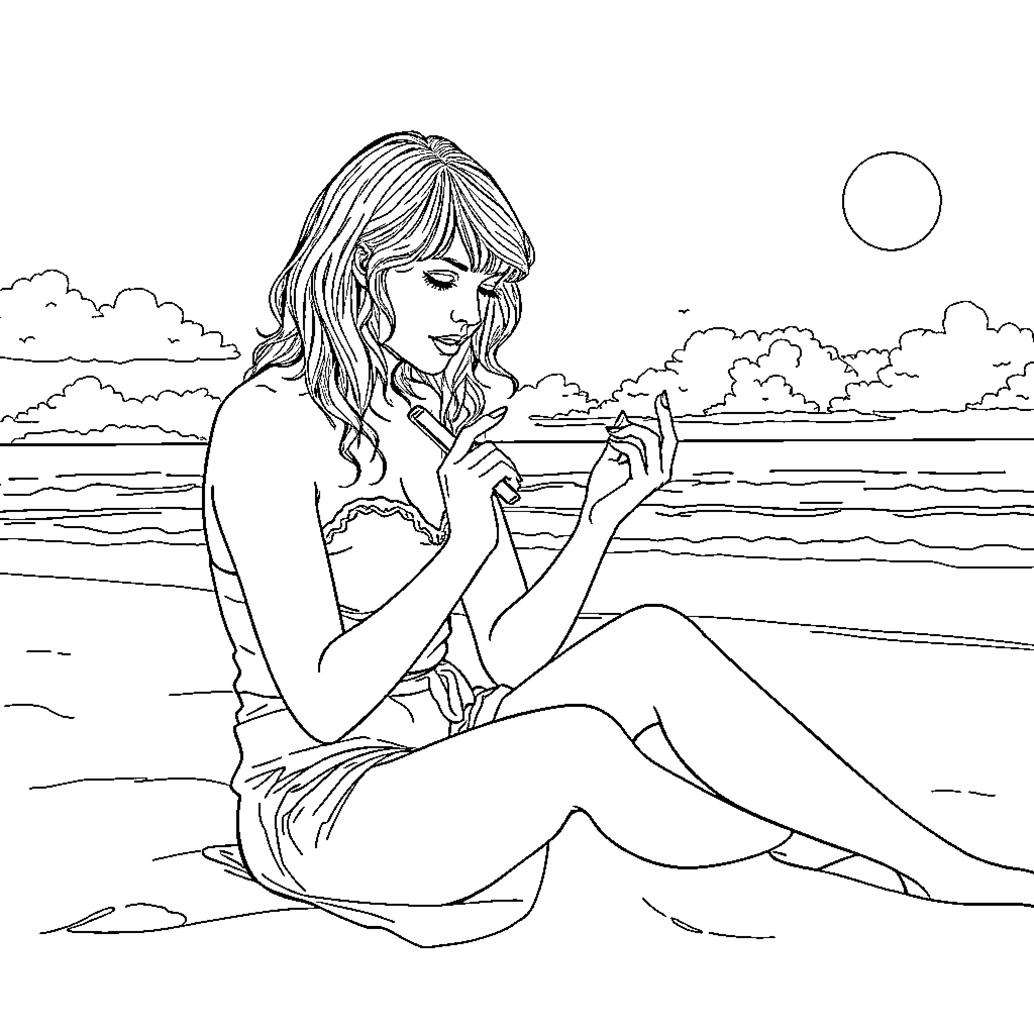 Taylor Swift relaxing on the beach Coloring Page (free black-and-white line drawing printable PDF for all, from beginners to advanced learners, including children, teens, adults, and seniors)