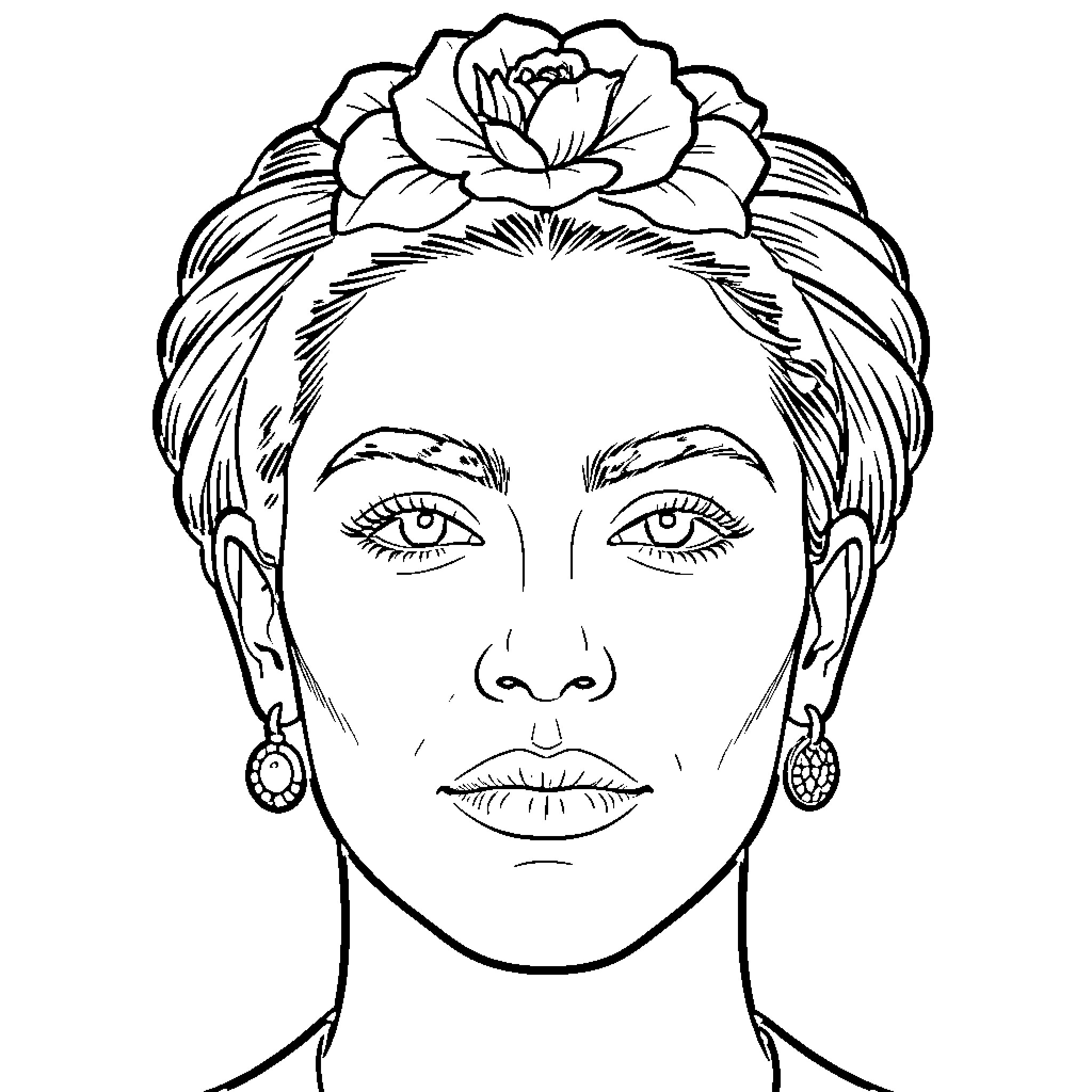 Frida Kahlo wearing flower headpiece and earrings Coloring Page (free black-and-white line drawing printable PDF for all, from beginners to advanced learners, including children, teens, adults, and seniors)