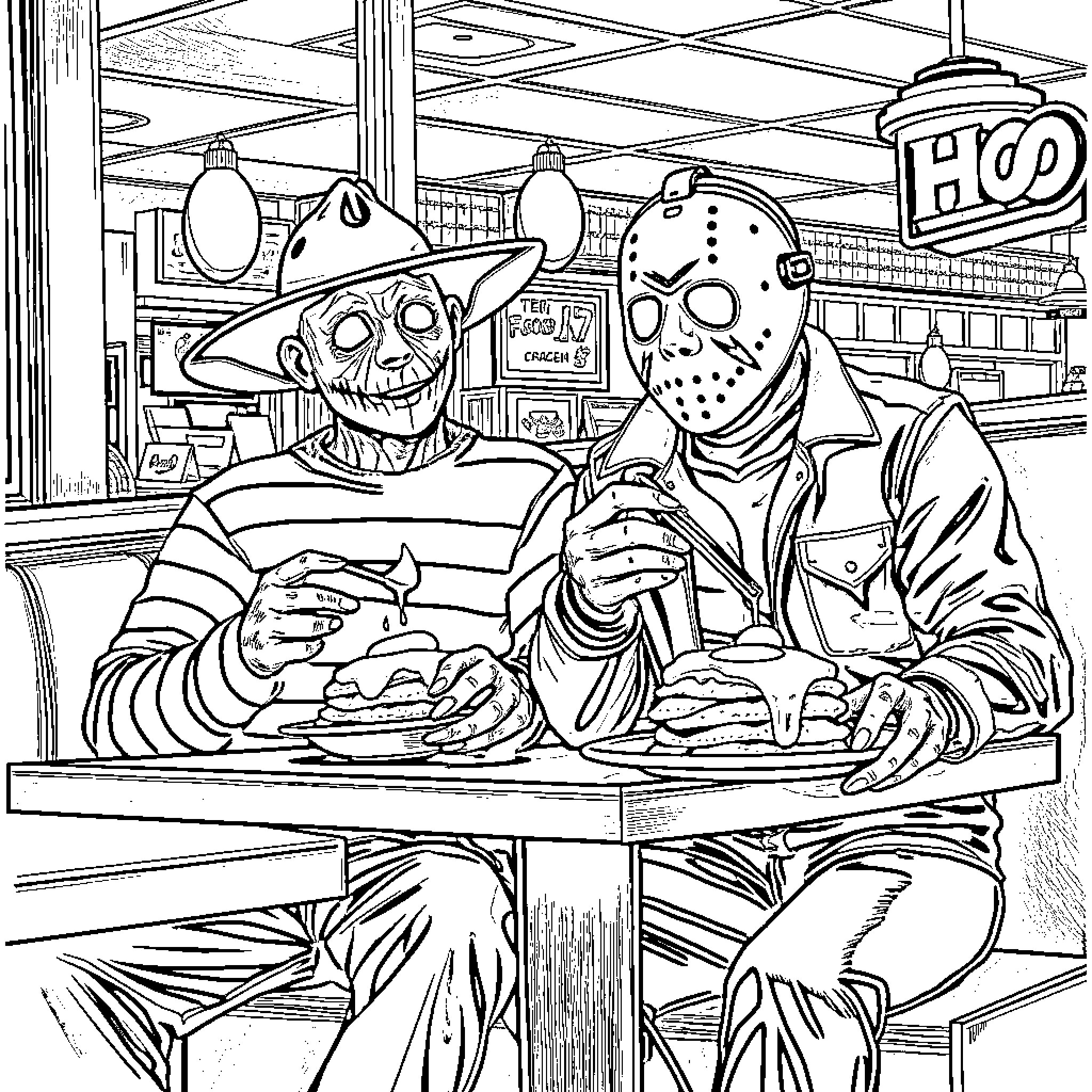 Freddy Kruger and Jason Voorhees dining at a diner Coloring Page (free black-and-white line drawing printable PDF for all, from beginners to advanced learners, including children, teens, adults, and seniors)