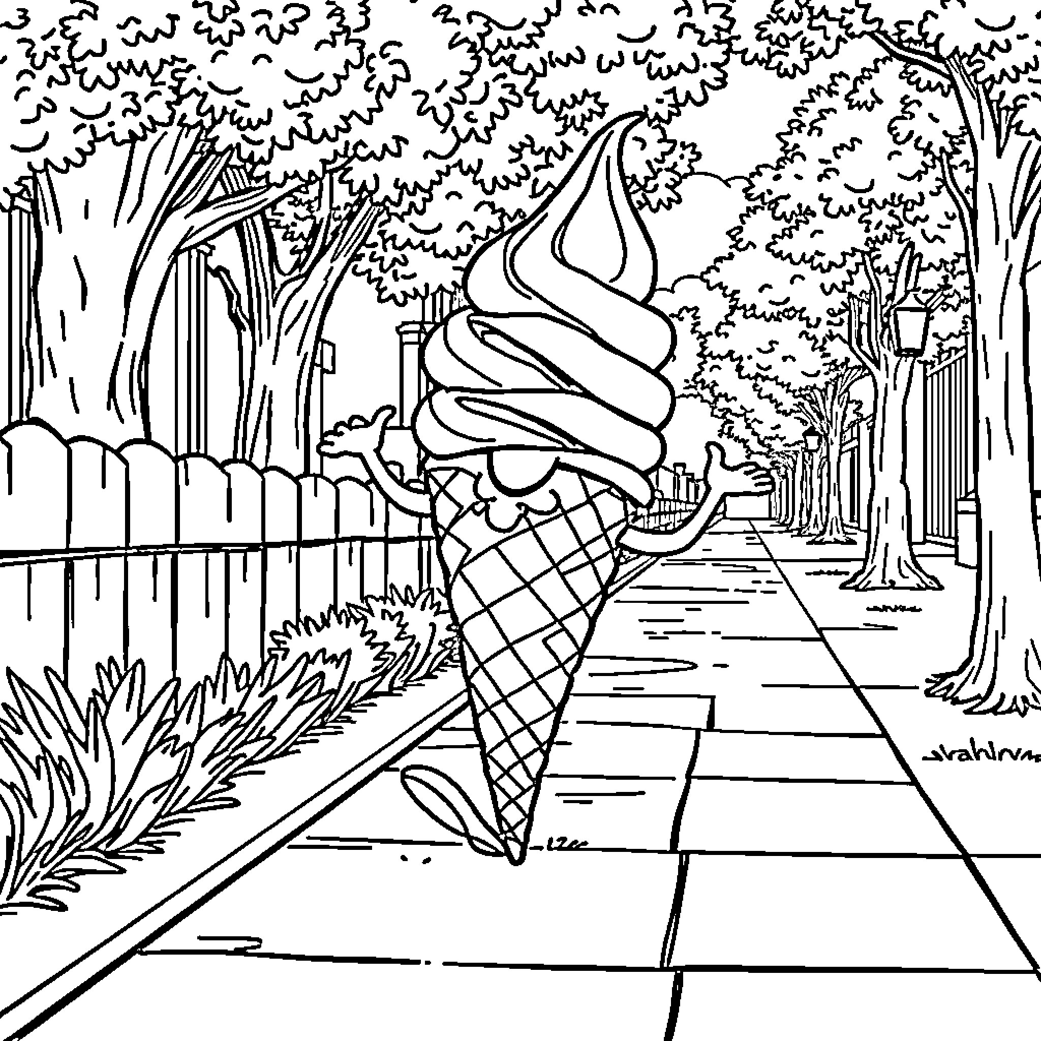 Ice Cream Cone in a Whimsical Park Scene Coloring Page (free black-and-white line drawing printable PDF for all, from beginners to advanced learners, including children, teens, adults, and seniors)